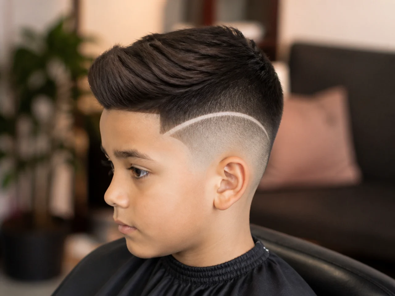 Three-quarter view of a young boy with a shaved line design