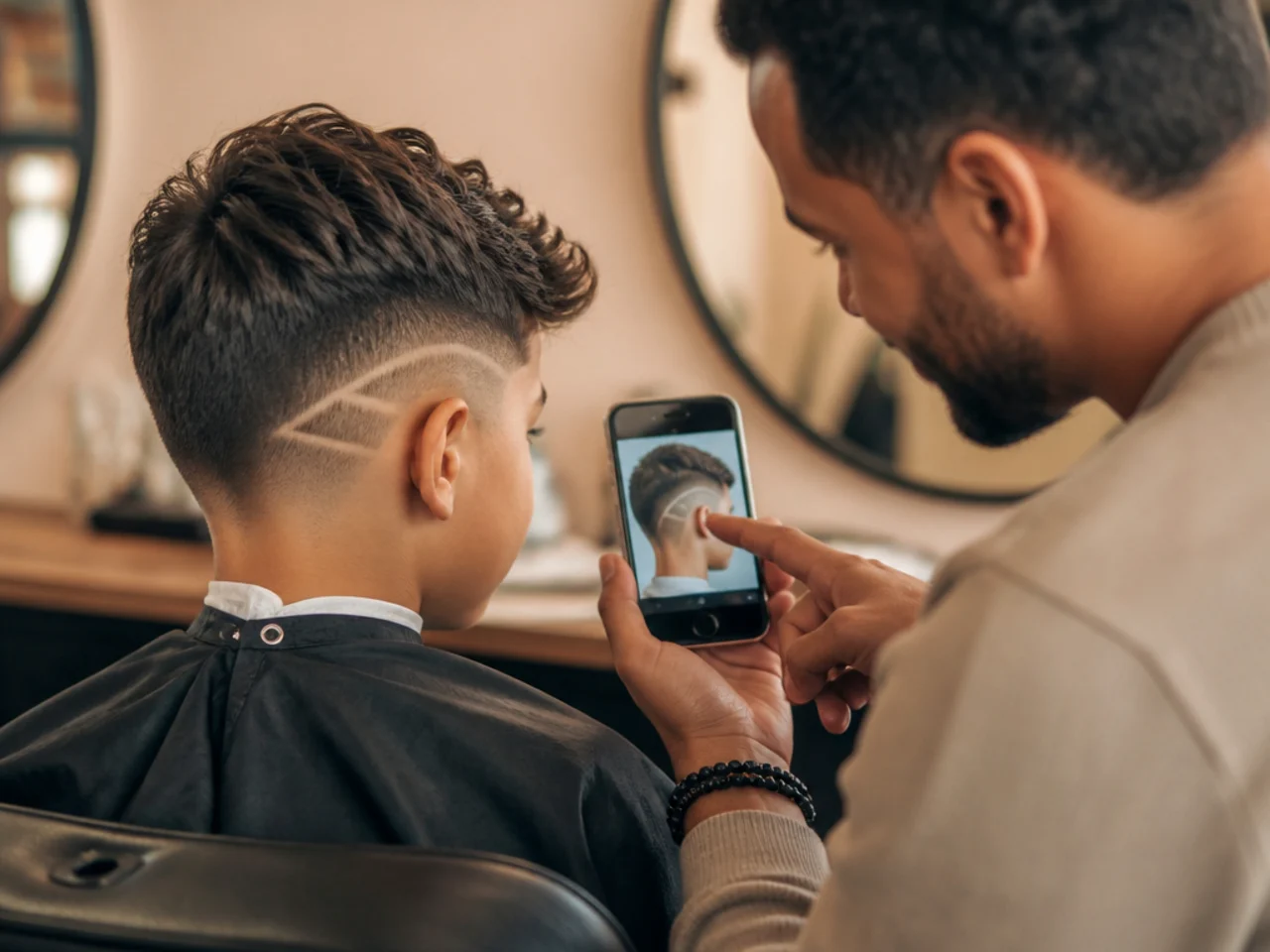 A parent and a boy discussing a hair design in a barbershop