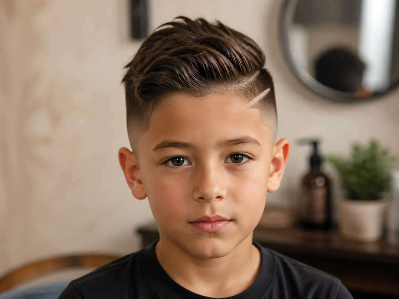 Close view of a shaved design partly grown out on a boy's head