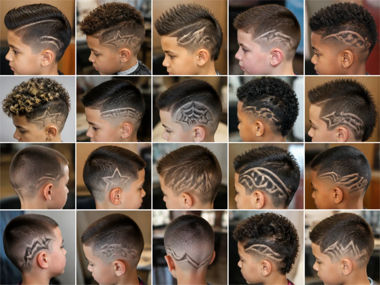 A grid of twenty shaved hair designs on boys haircuts