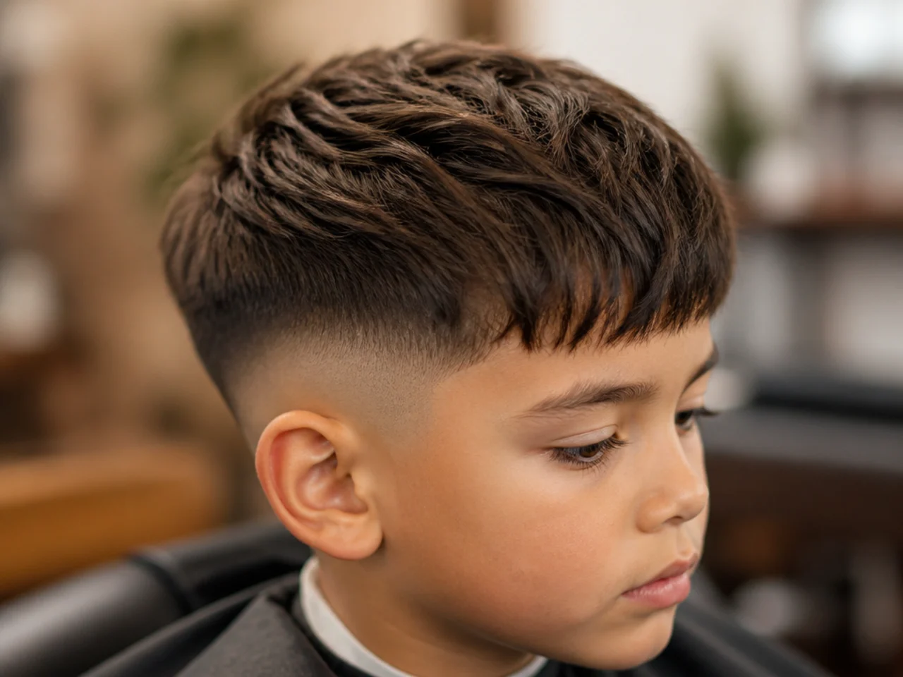 A young boy with a mid skin fade and a soft fringe