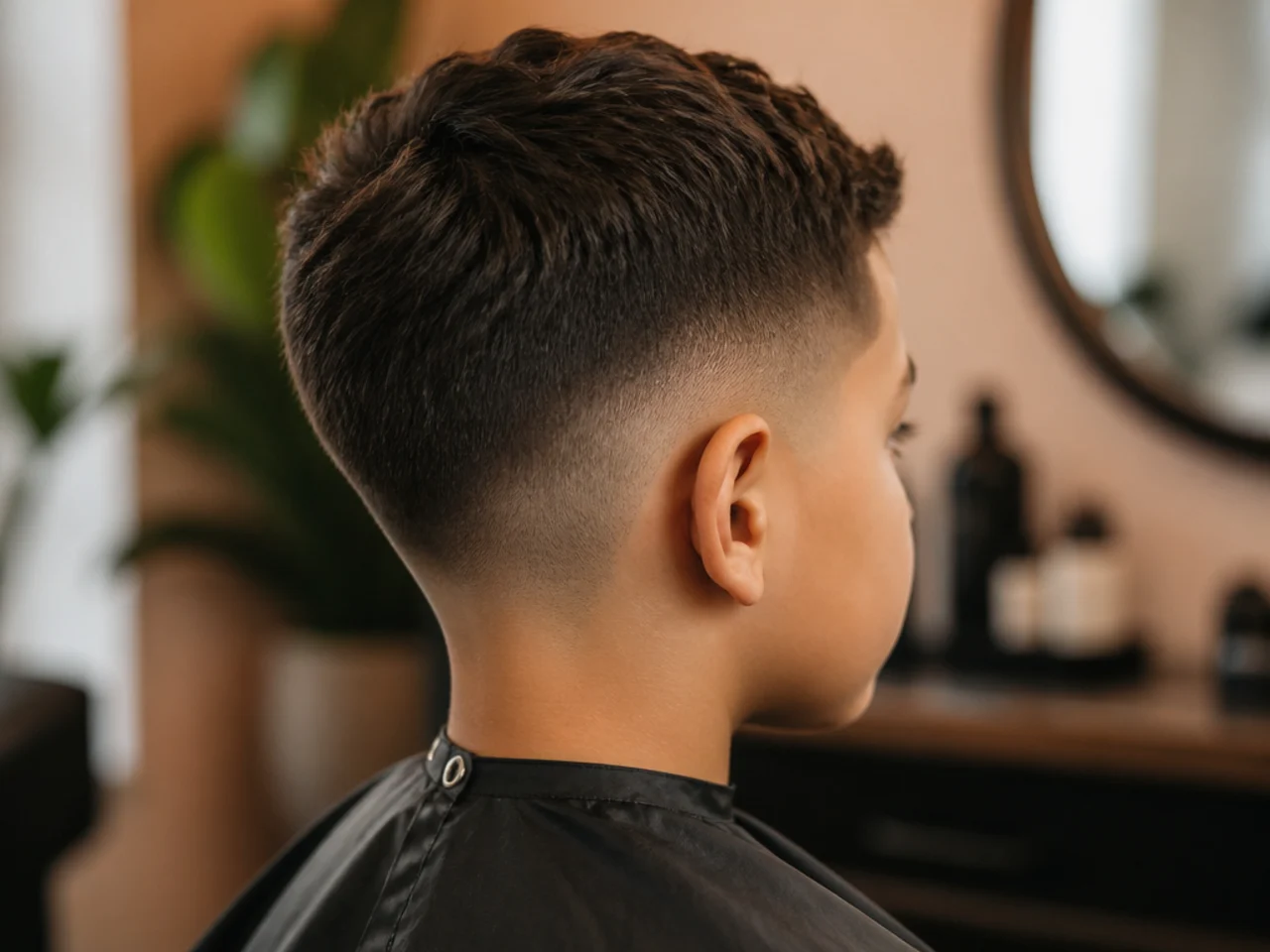 A young boy with a high taper over a medium guard