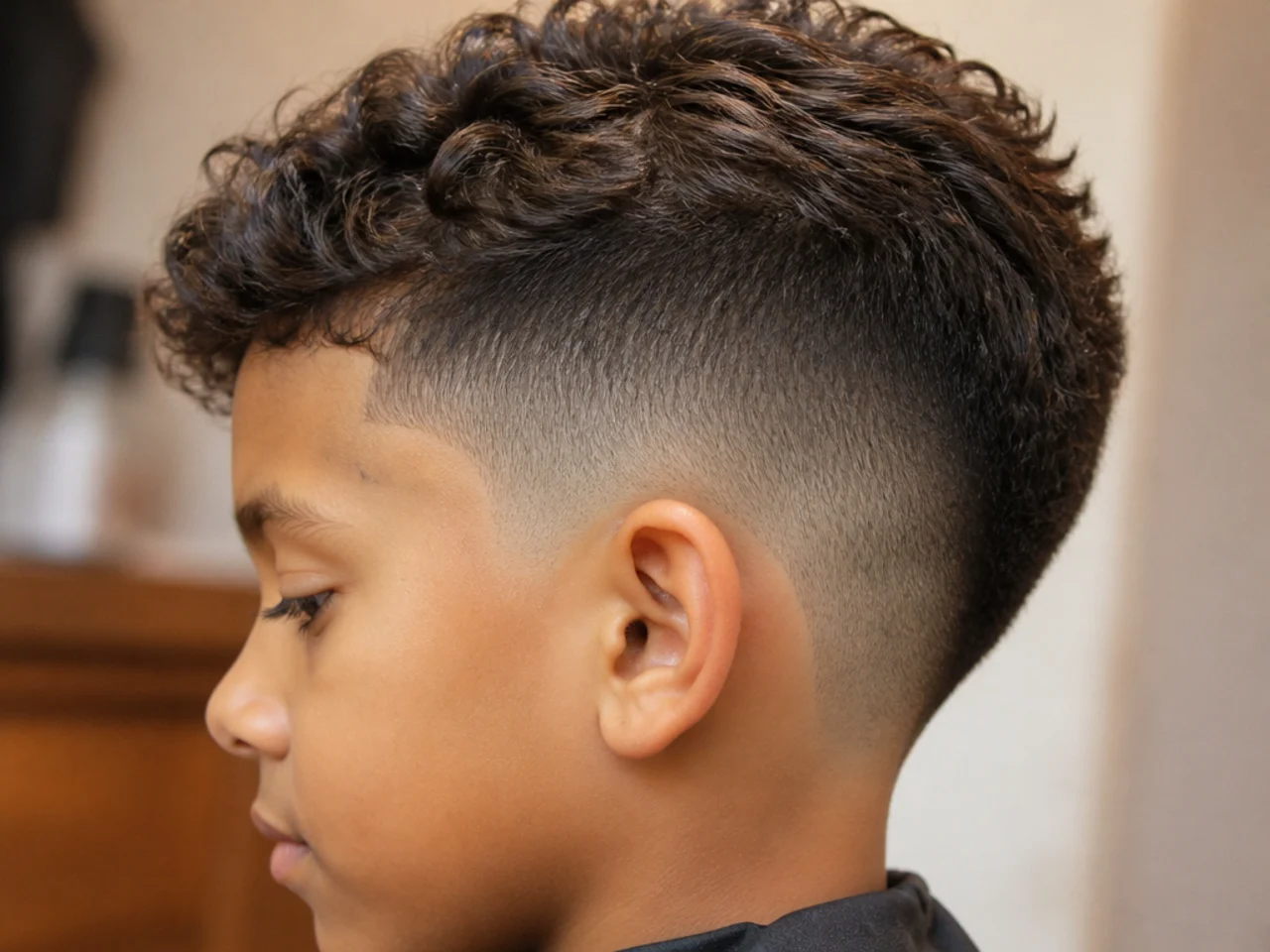 A young boy with a burst fade left at a medium guard