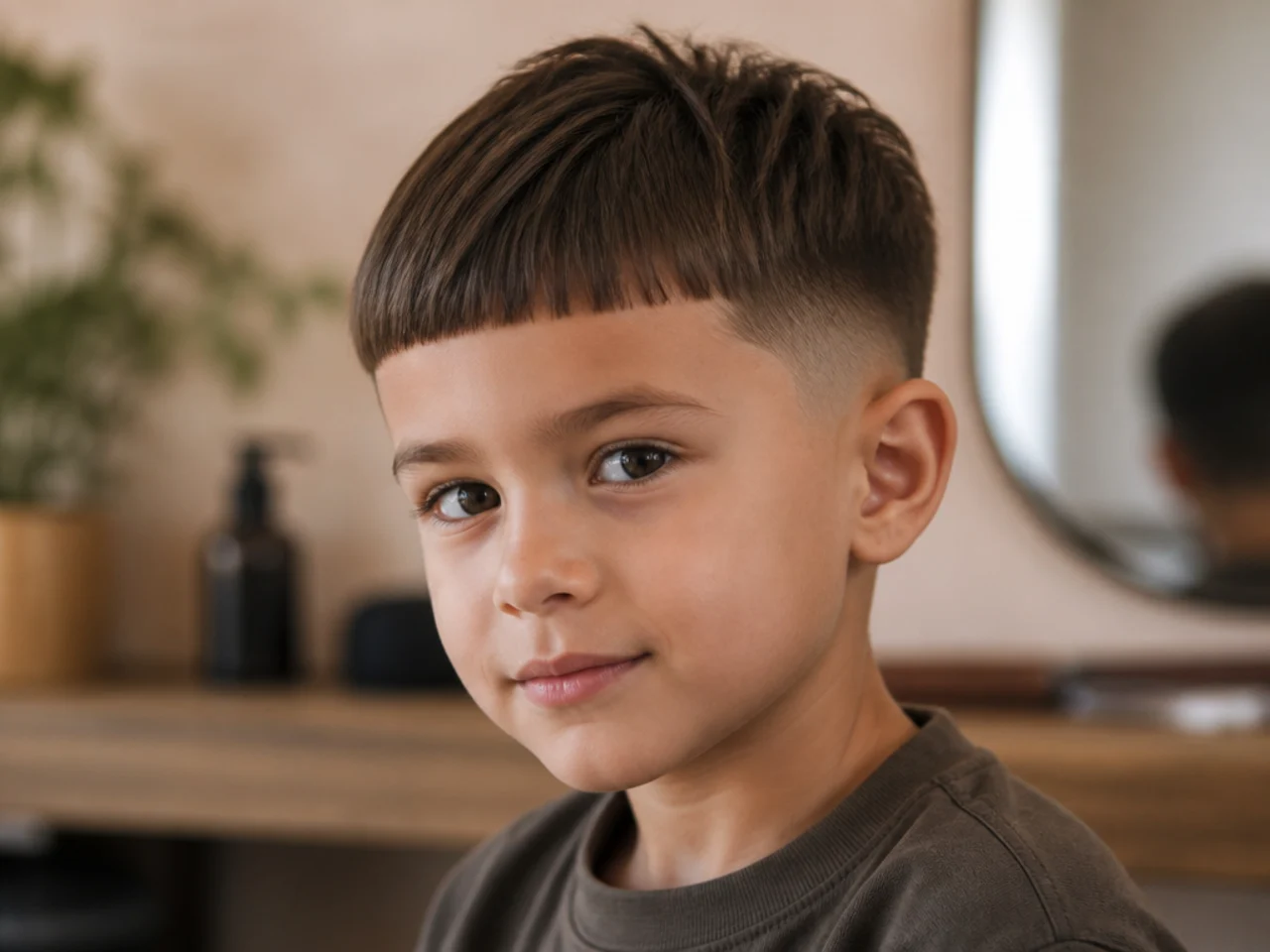 A young boy with a mid taper and a blunt straight fringe