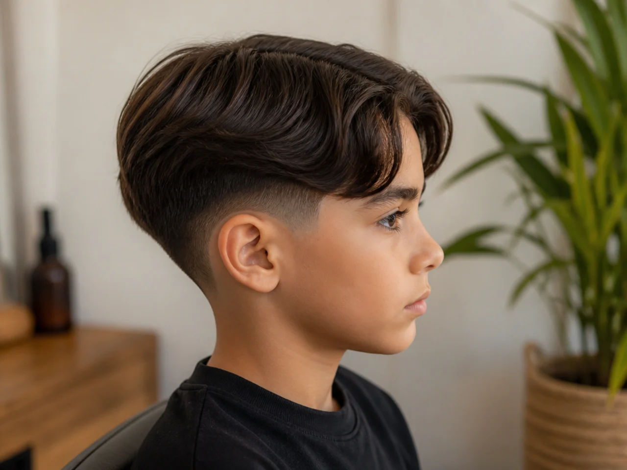 A young boy with a middle part over a low taper