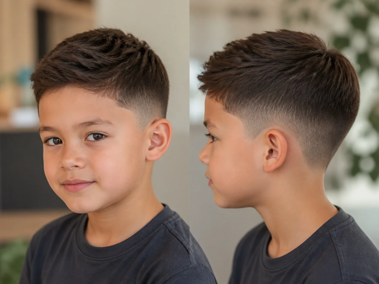 A young boy with a low taper finishing at a short guard