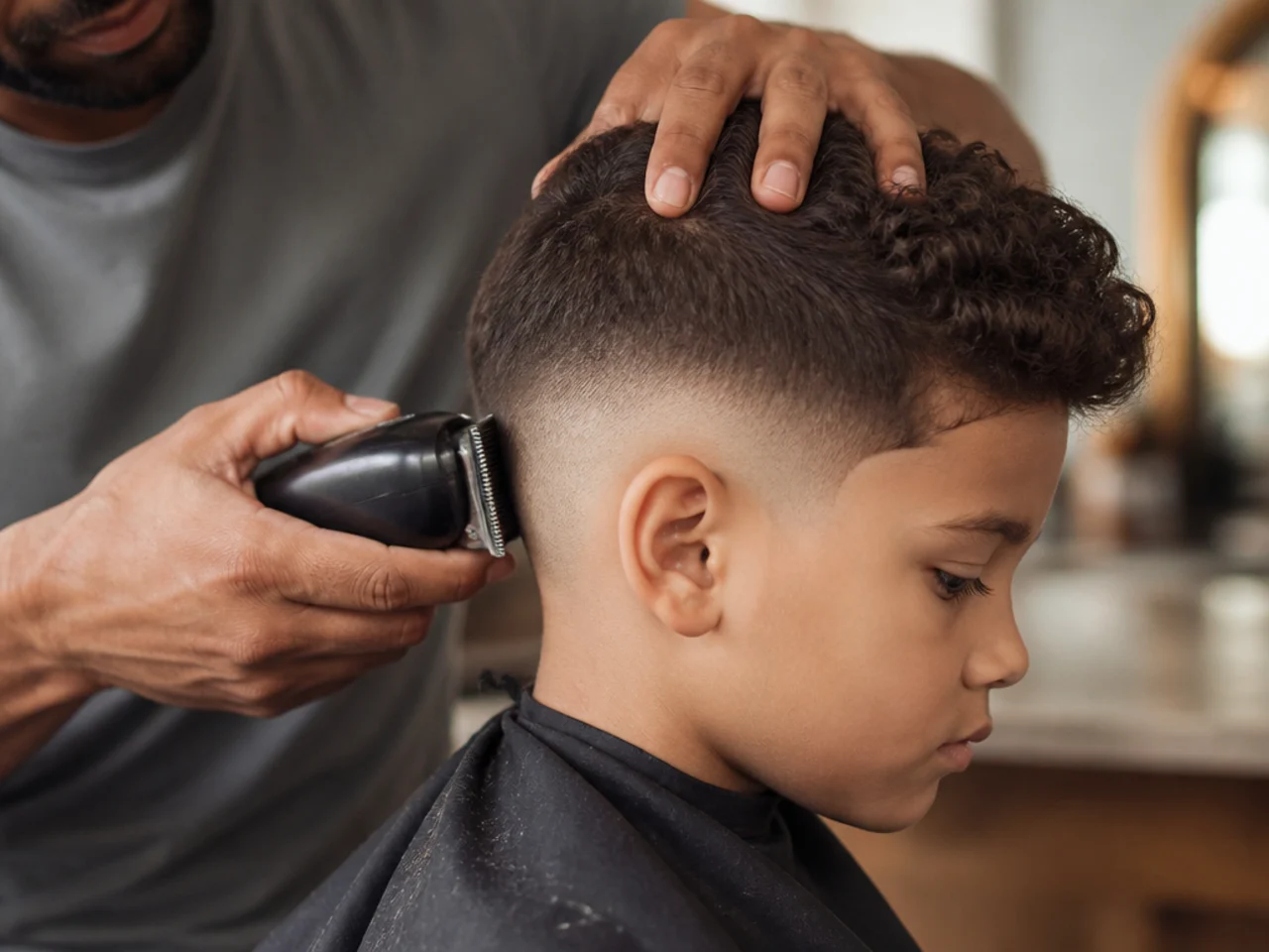 A parent cutting a boy's hair with clippers at a kitchen table