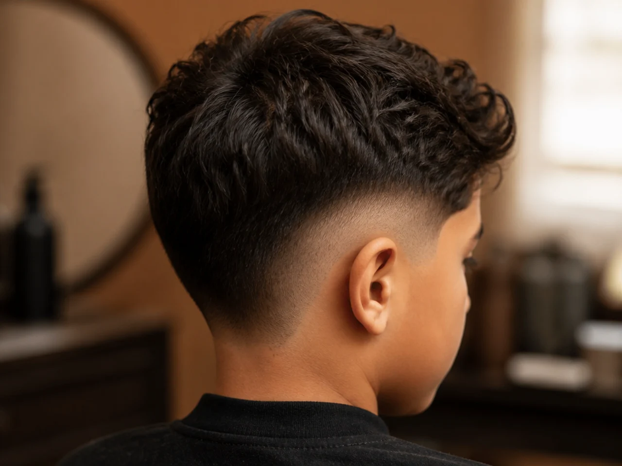 A young boy with a burst fade curving behind the ear