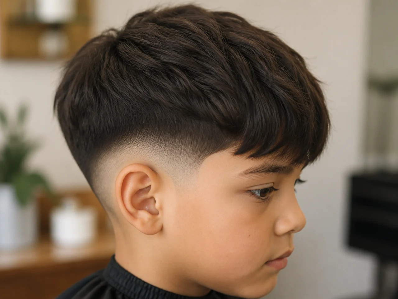 A young boy with a drop fade and a fringe forward on the brow