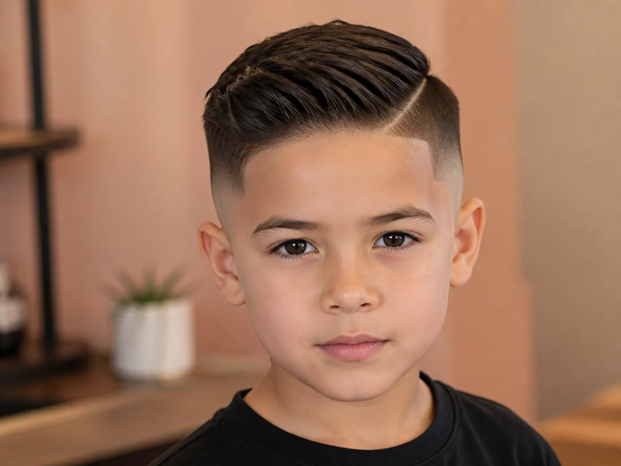 A young boy with a skin fade taken to bare skin at the sides