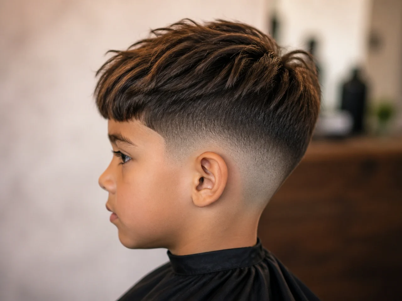 A young boy with a textured crop over a mid taper