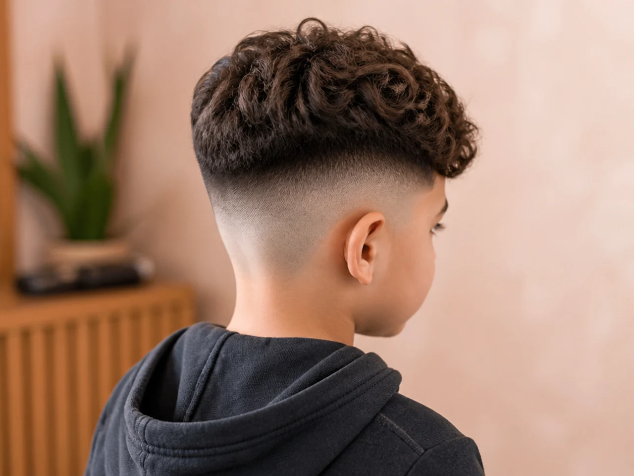 A young boy with a rounded top over a high skin fade