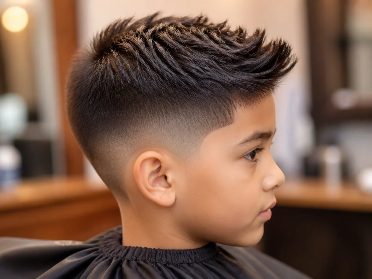 Three-quarter view of a young boy with a mid taper fade