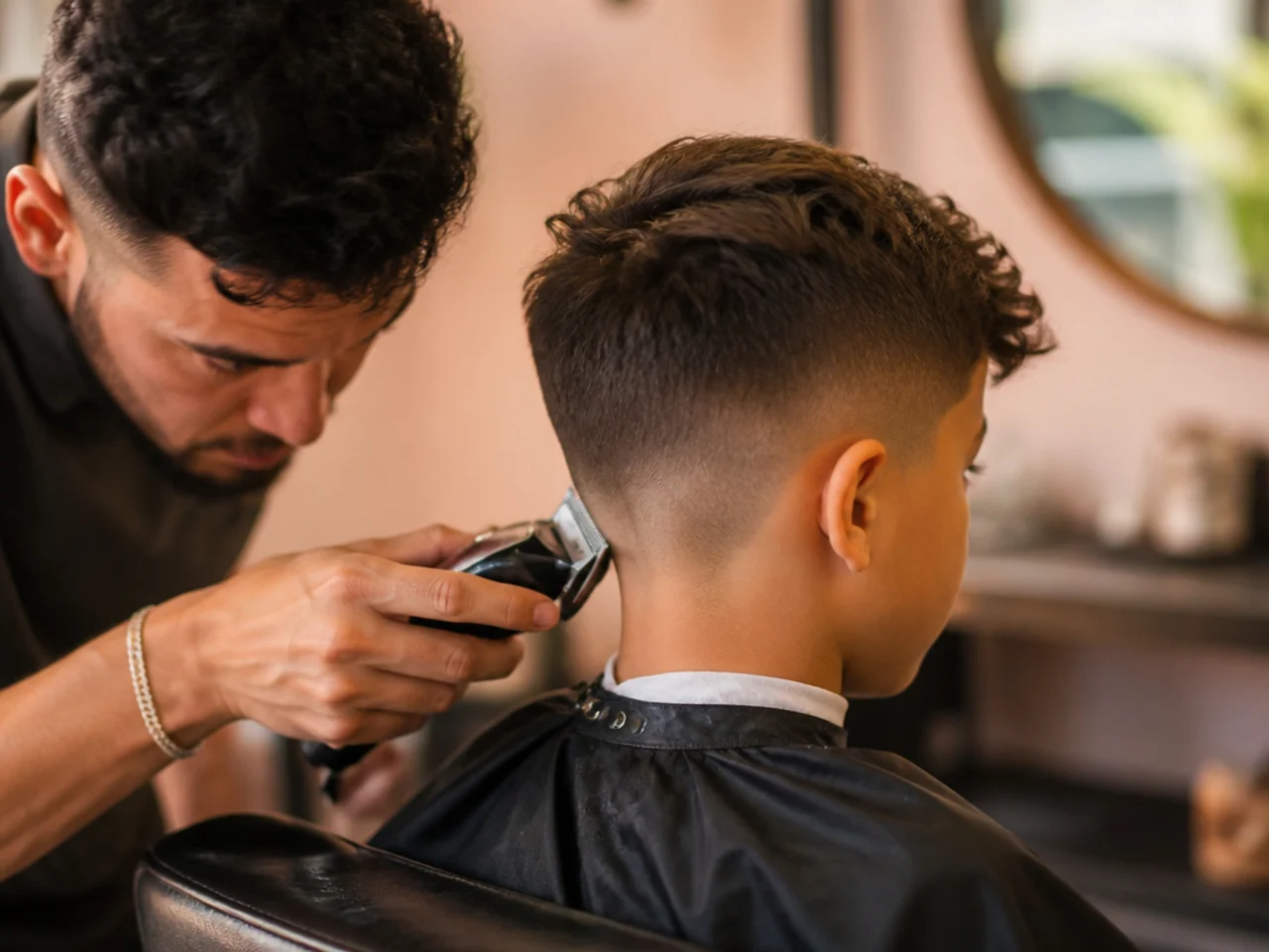 A barber blending a taper on a young boy in a barbershop chair
