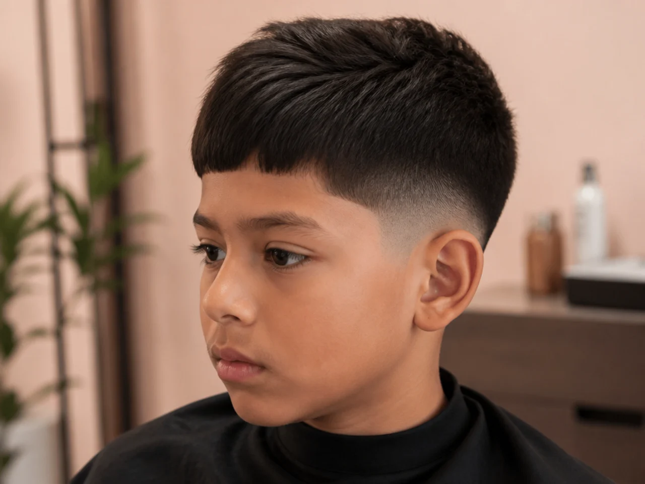 A grown-out fade on a boy showing a visible step above the ear