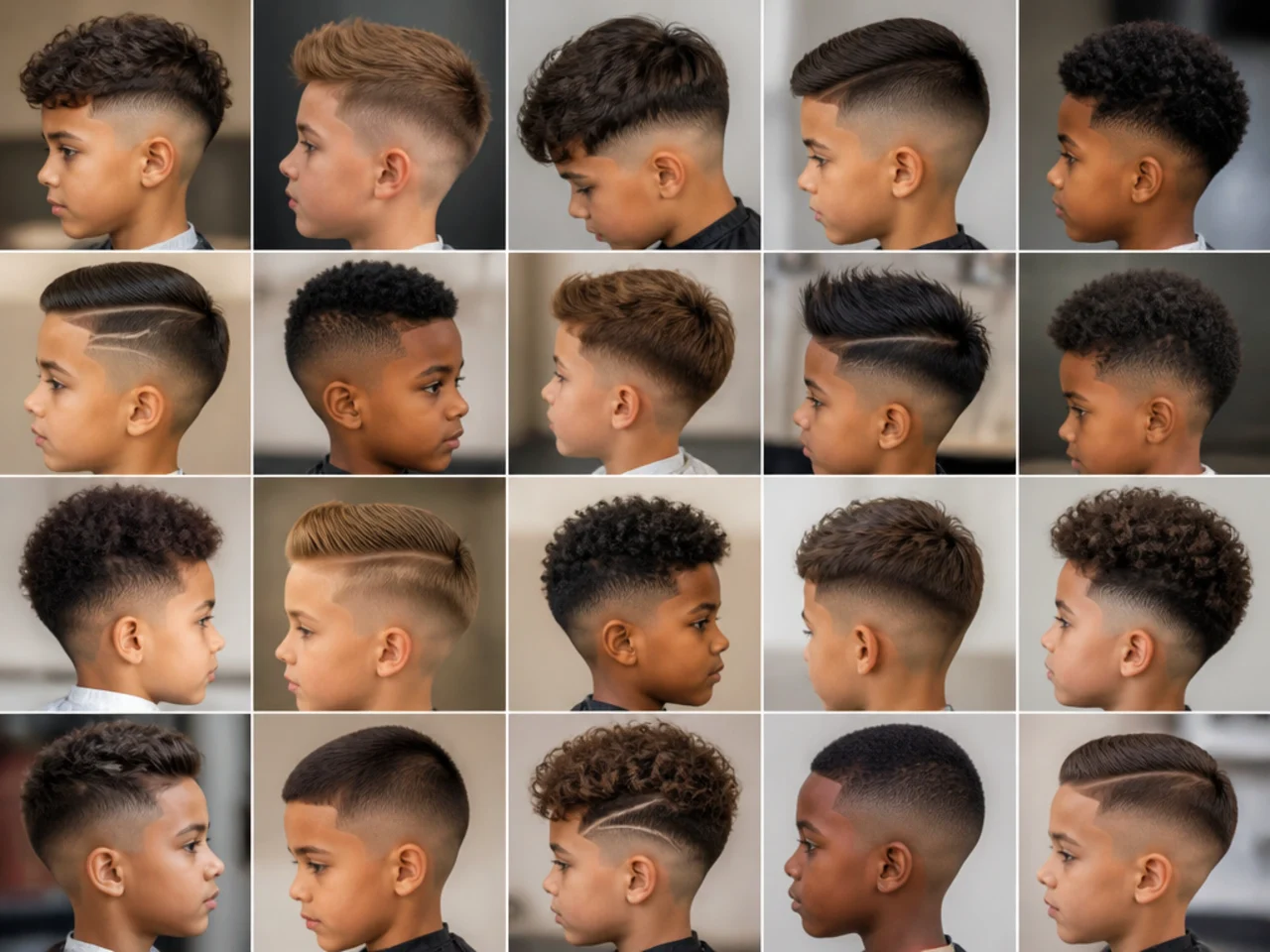 A grid of twenty boys fade haircuts at different heights