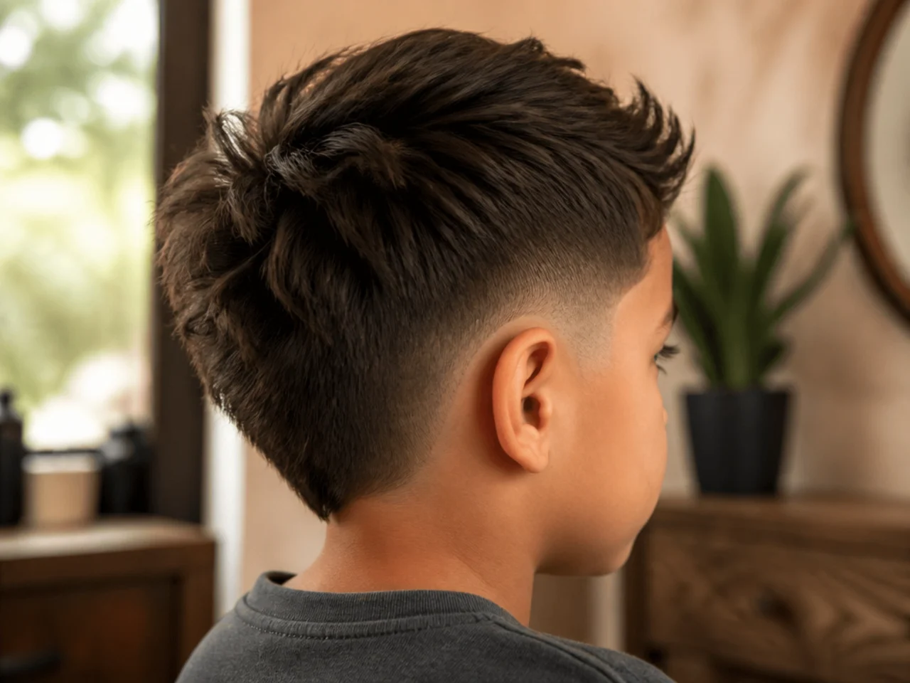 A curved taper around the ear on a boys haircut