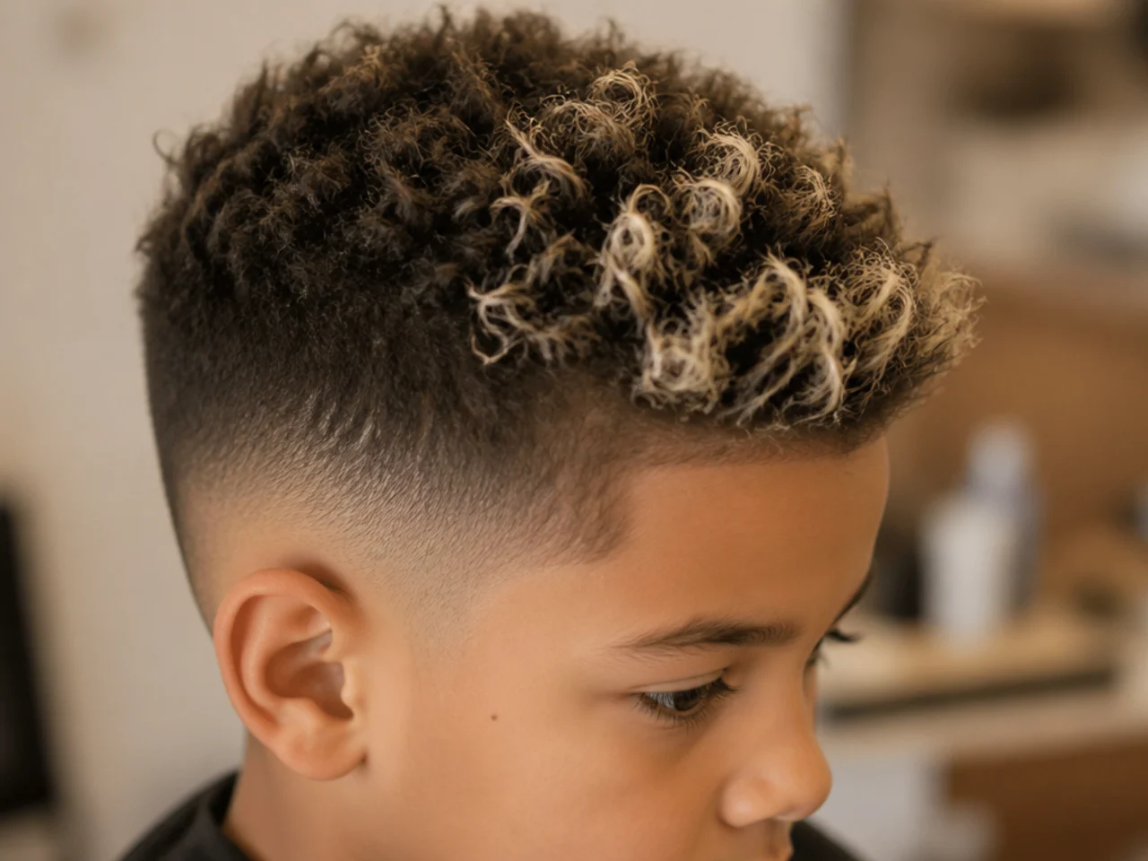 A boys haircut with lightened tips on top