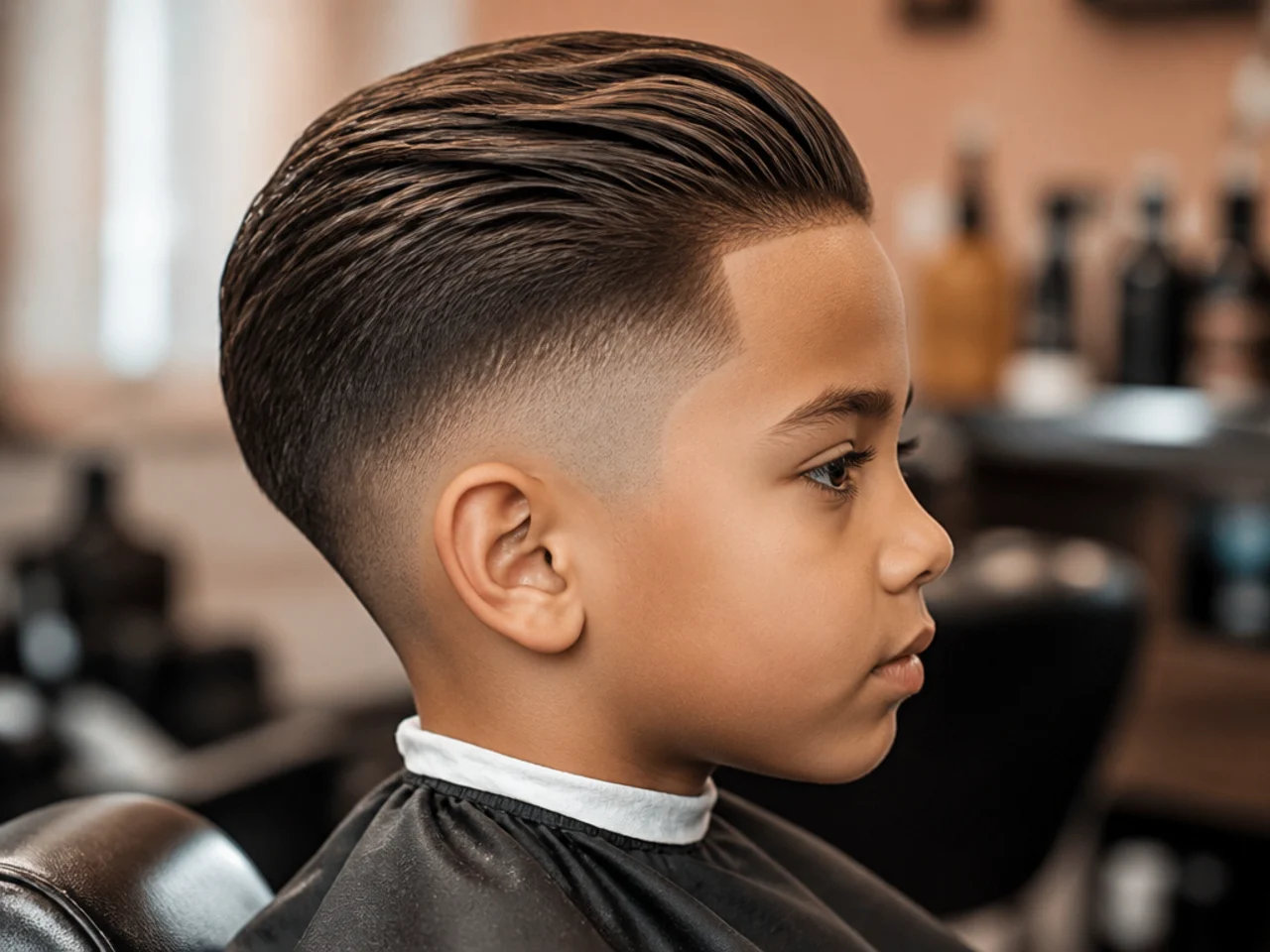 A boys hair combed back off the forehead