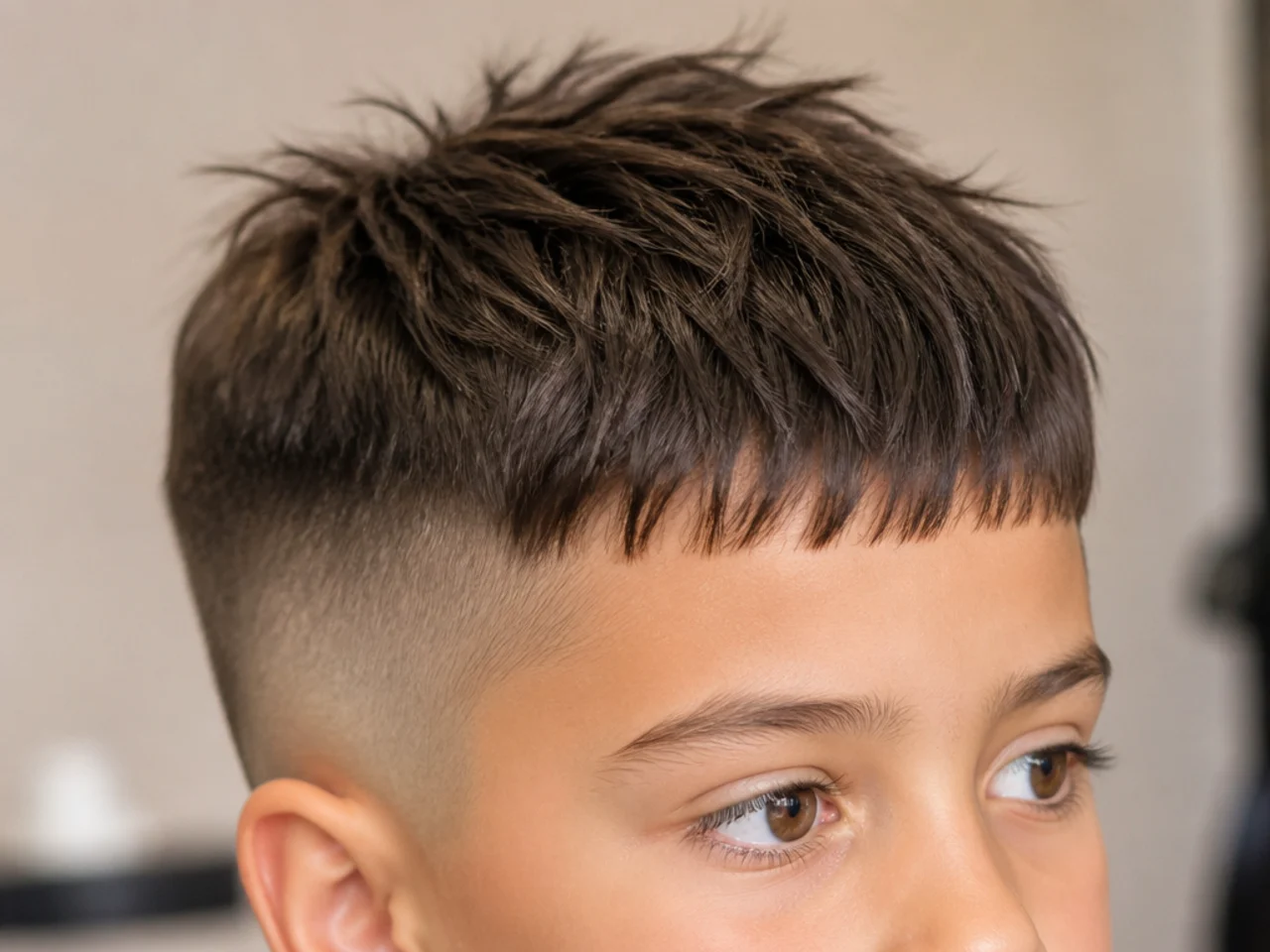 A boys fringe cut to sit above the eyebrow