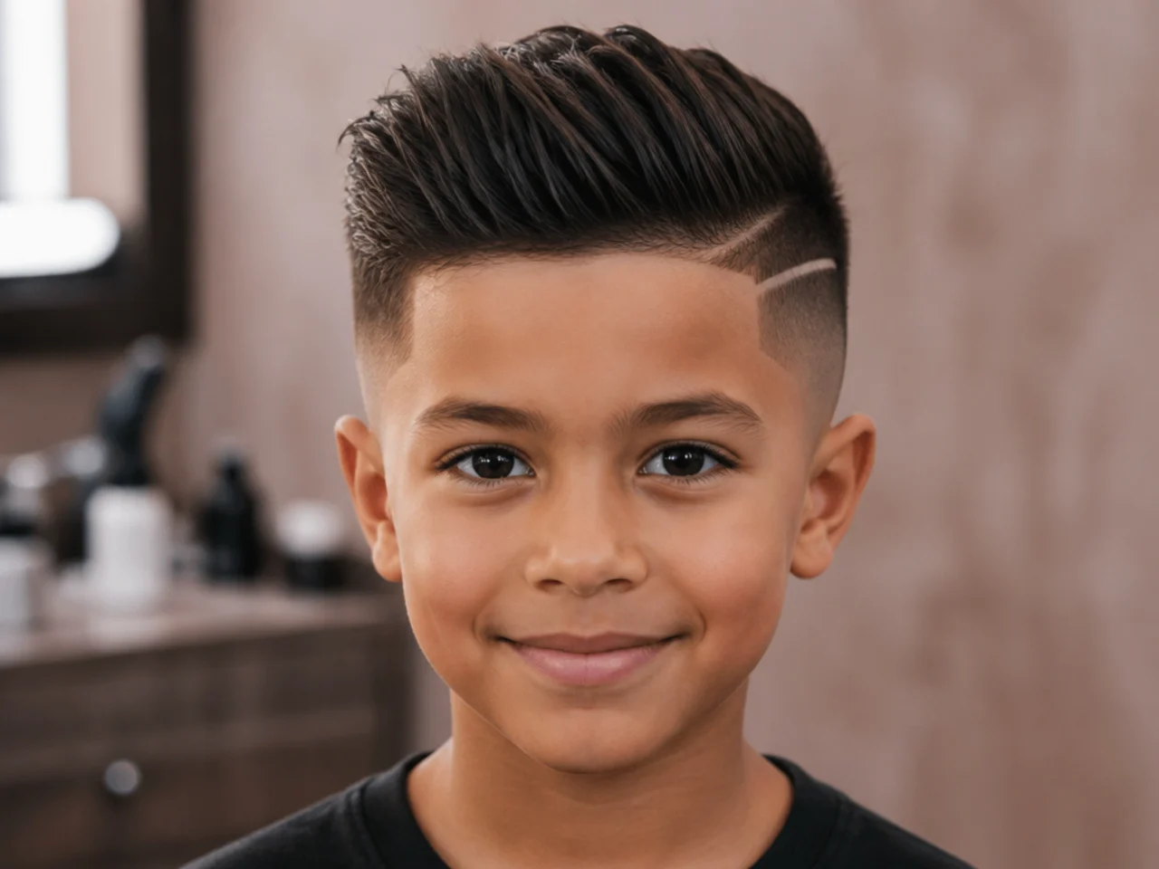 A high fade with a shaved line at the temple