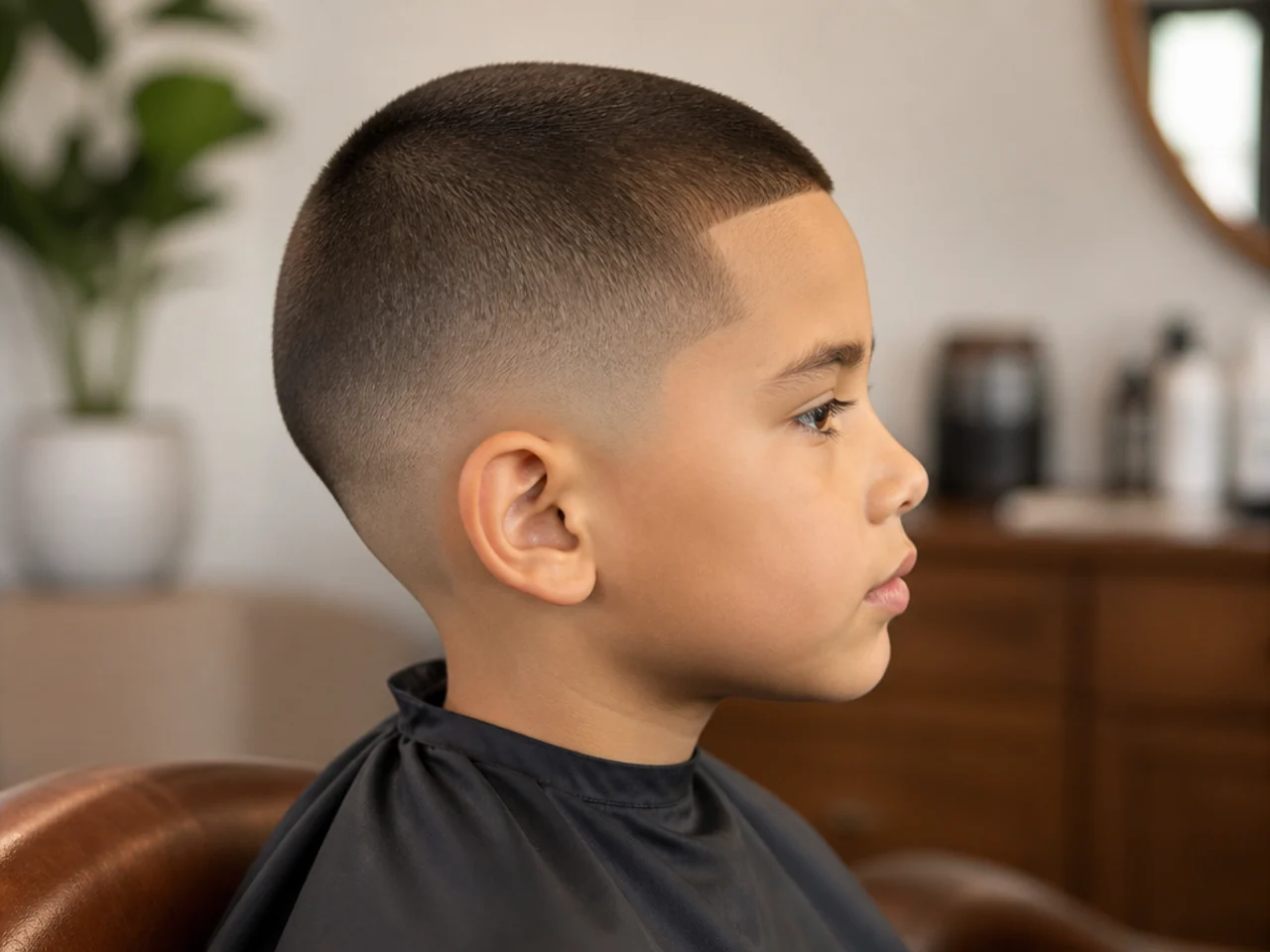 A boy with a buzz cut in summer