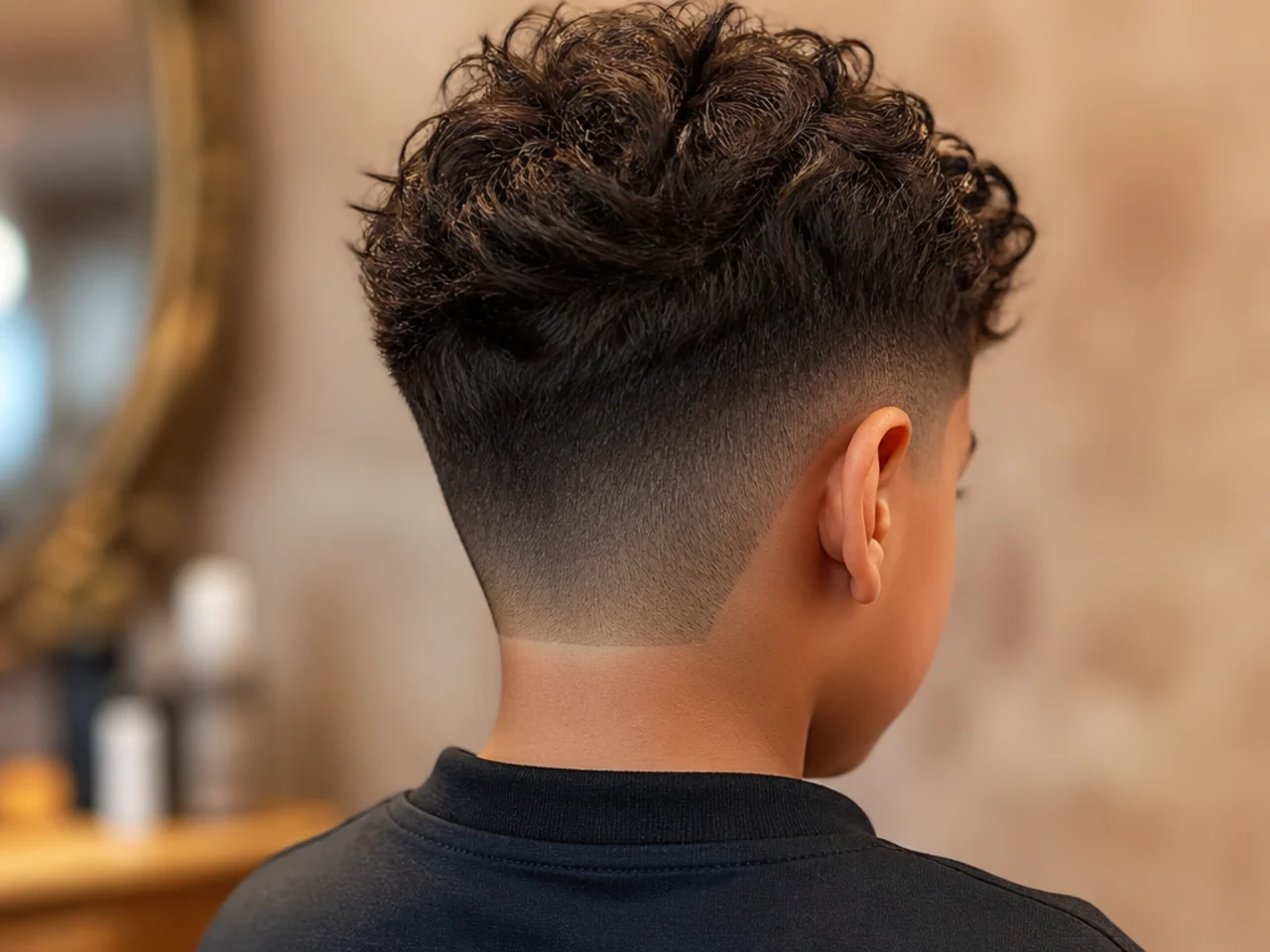 A square neckline on the back of a boys haircut