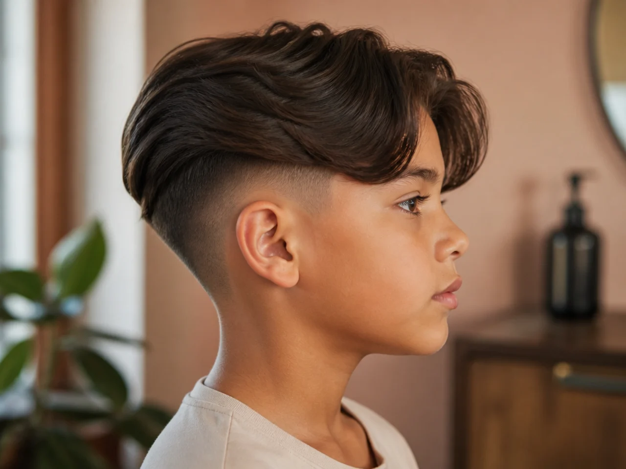 A boy with curtains parted at the front