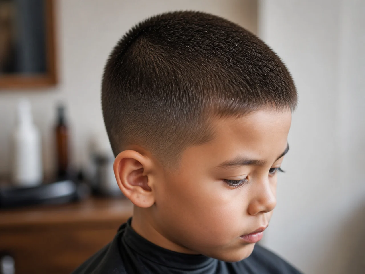 A boy with a number three cut all over