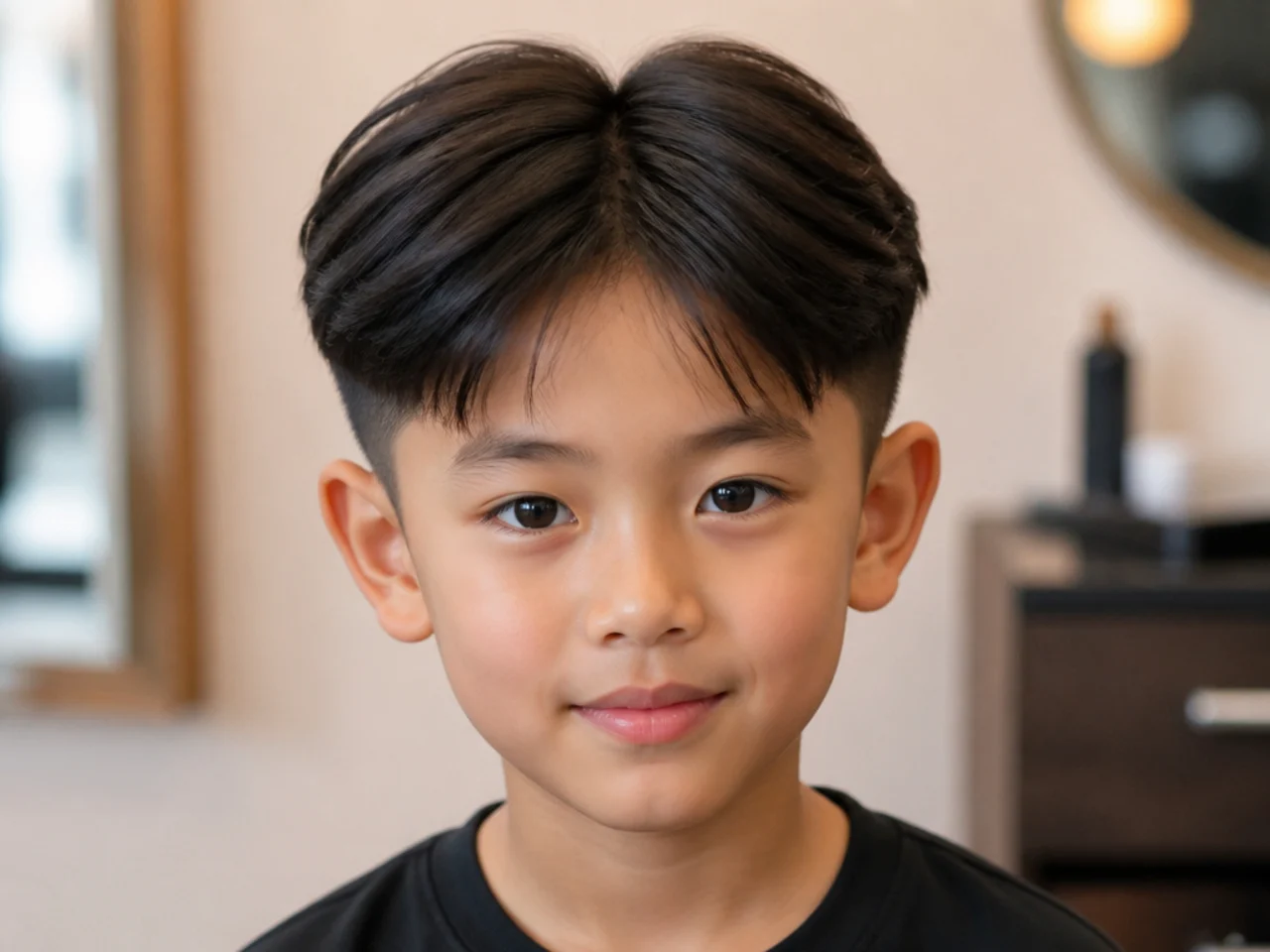 A two block haircut on a boy with a heavy top