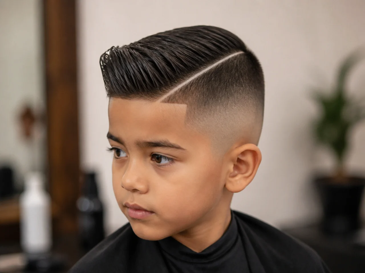 A bald fade with a razored parting on a boy
