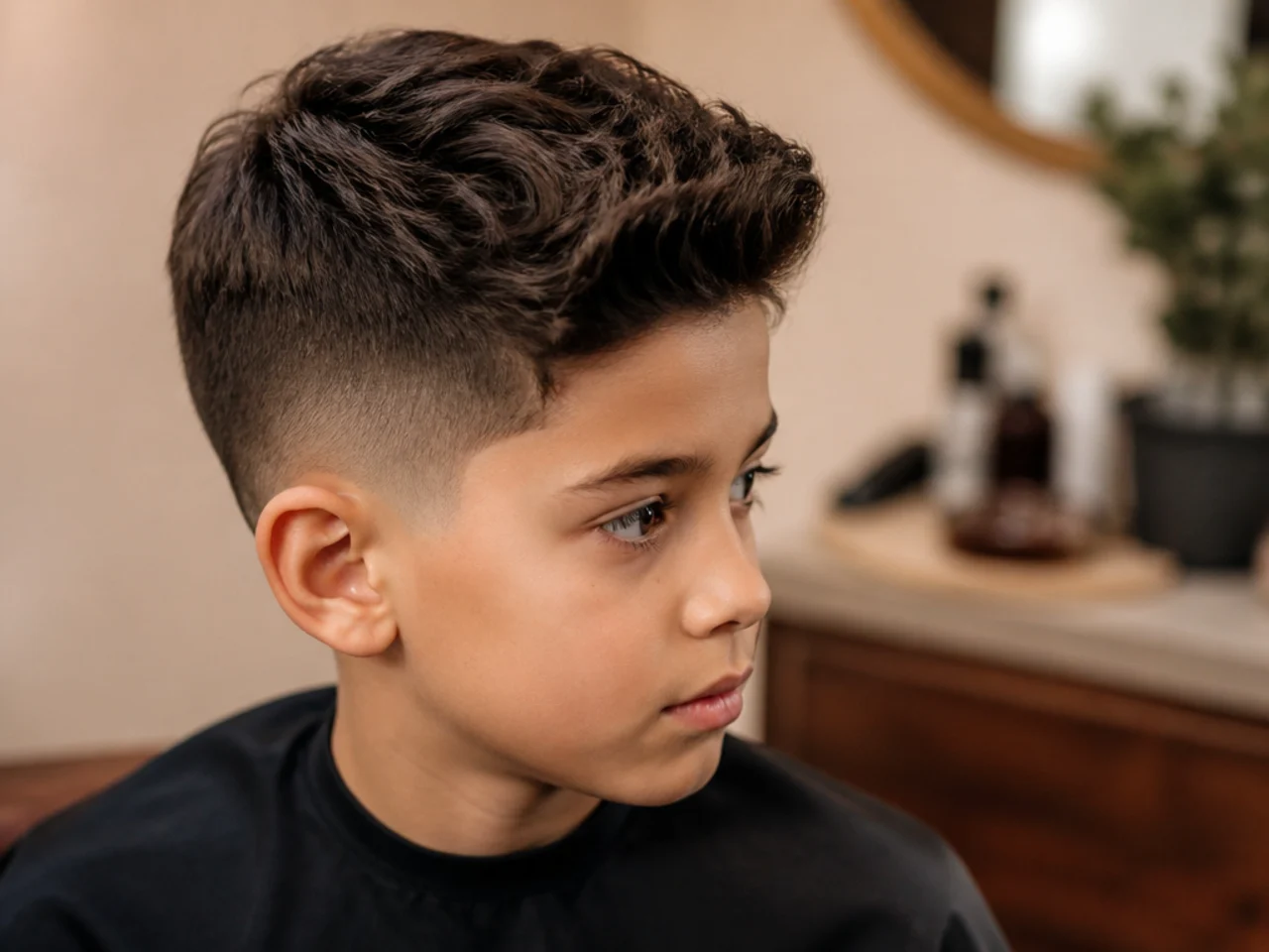 Side view of a boys taper haircut with length on top