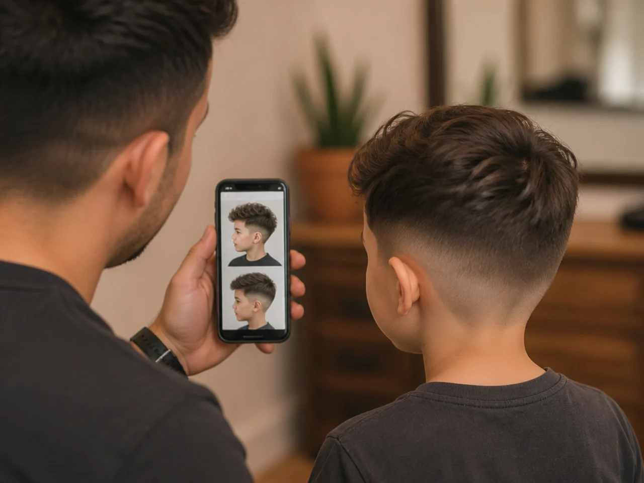 A parent comparing two saved haircut photos