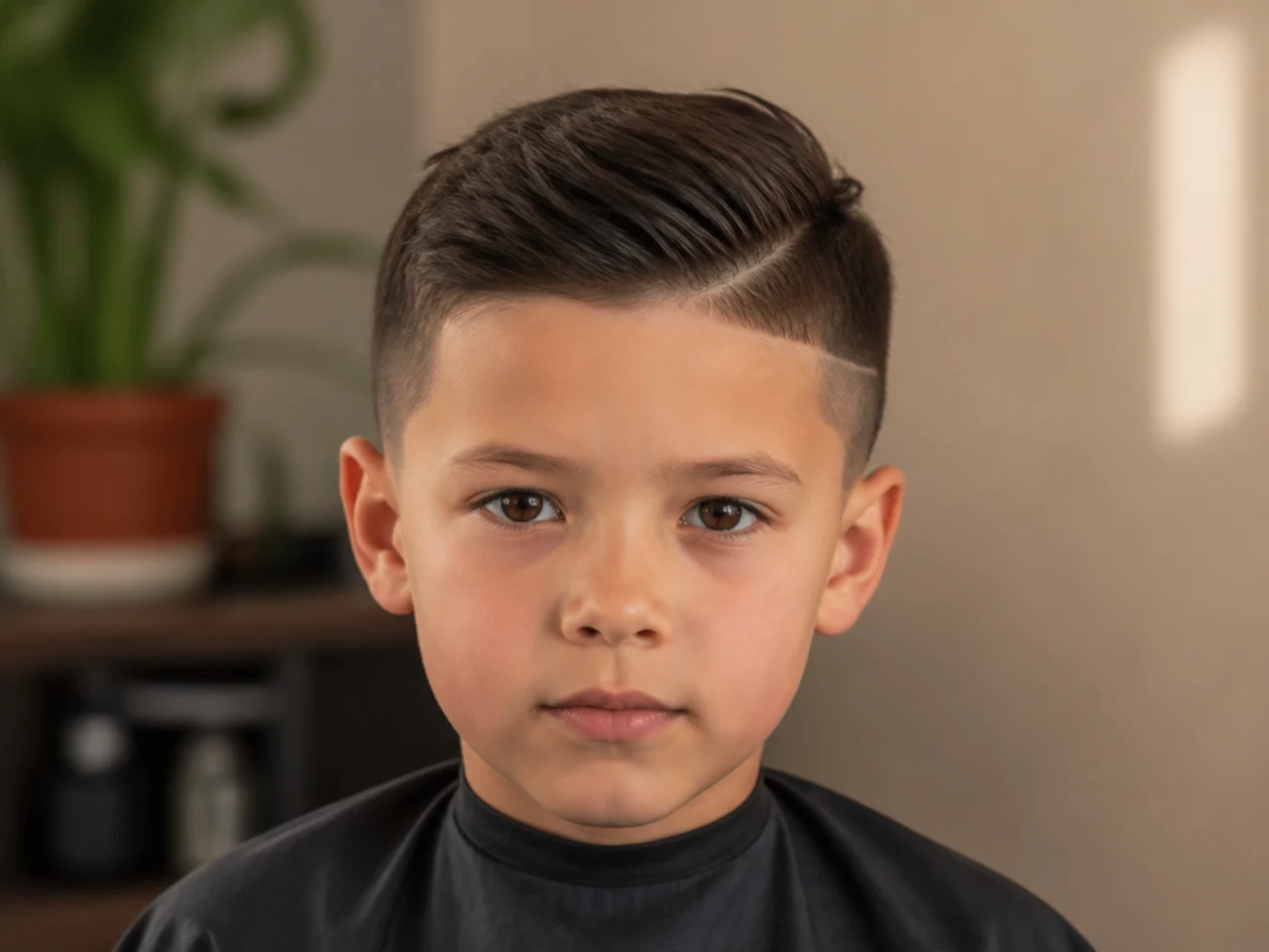 A grown out fade line on the side of a boys head