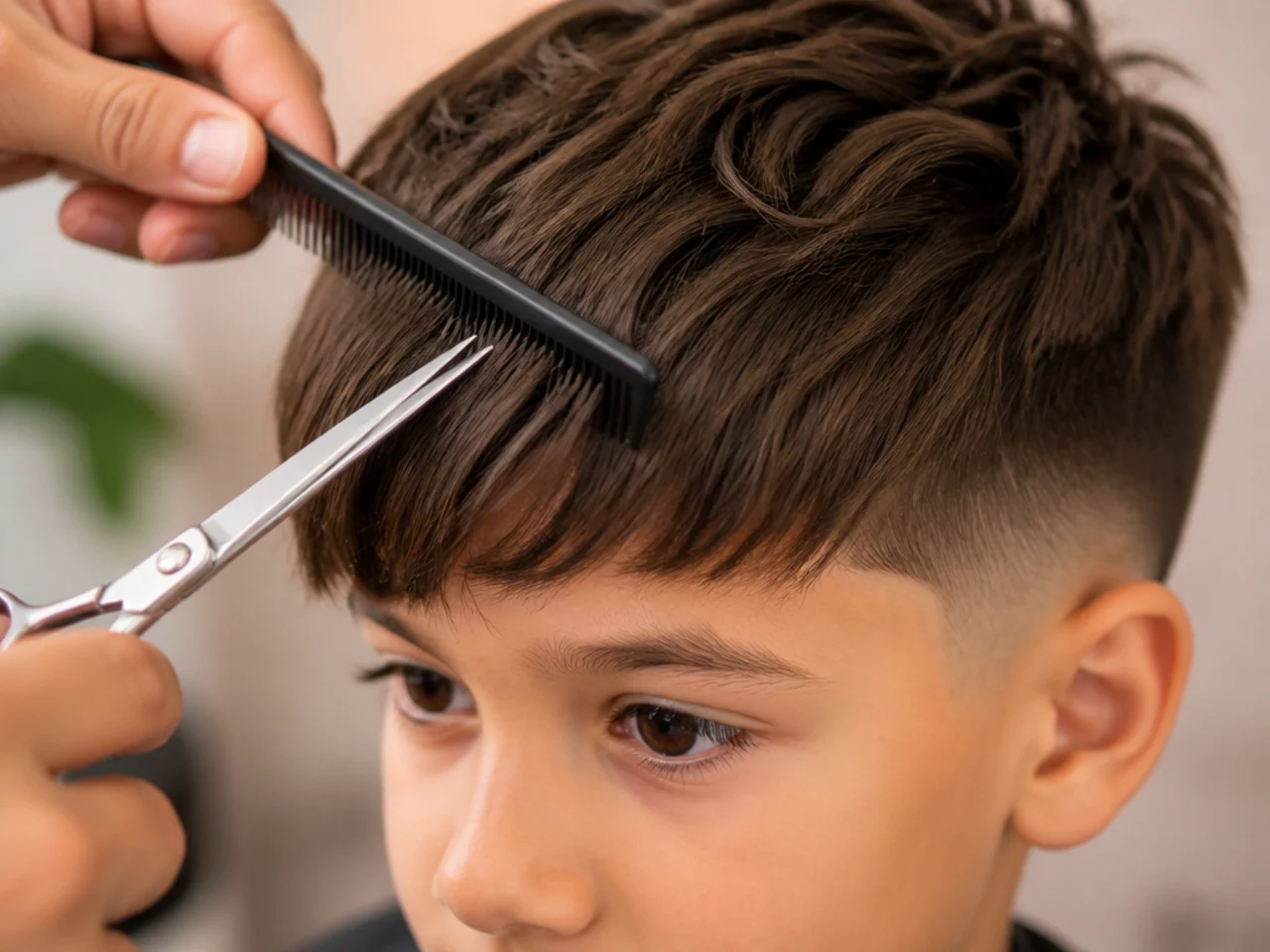 A boys fringe being trimmed between haircuts