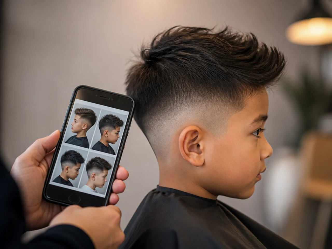 A folder of saved boys haircut photos on a phone screen