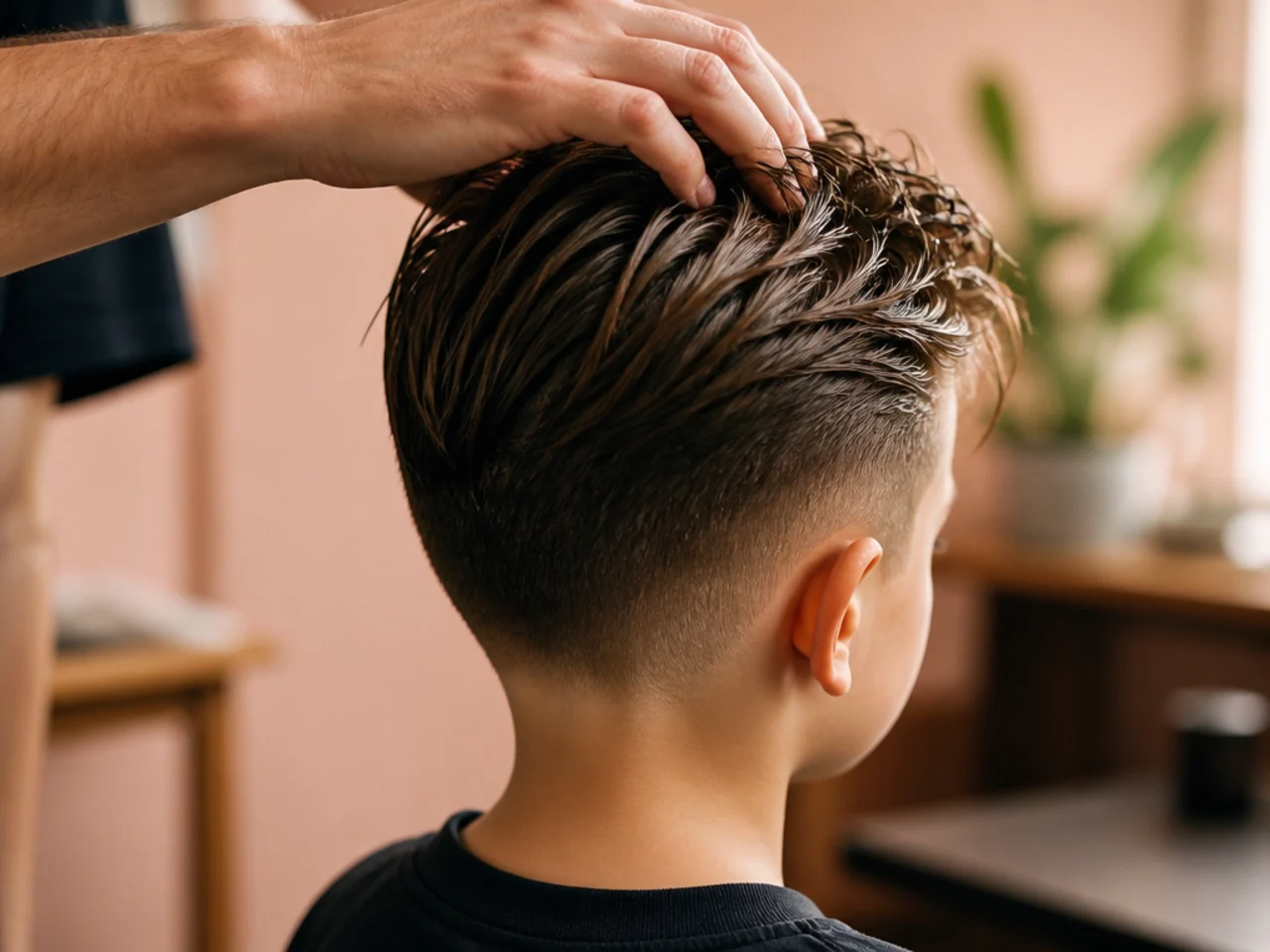 Wet fingers raking a boys hair back from the hairline
