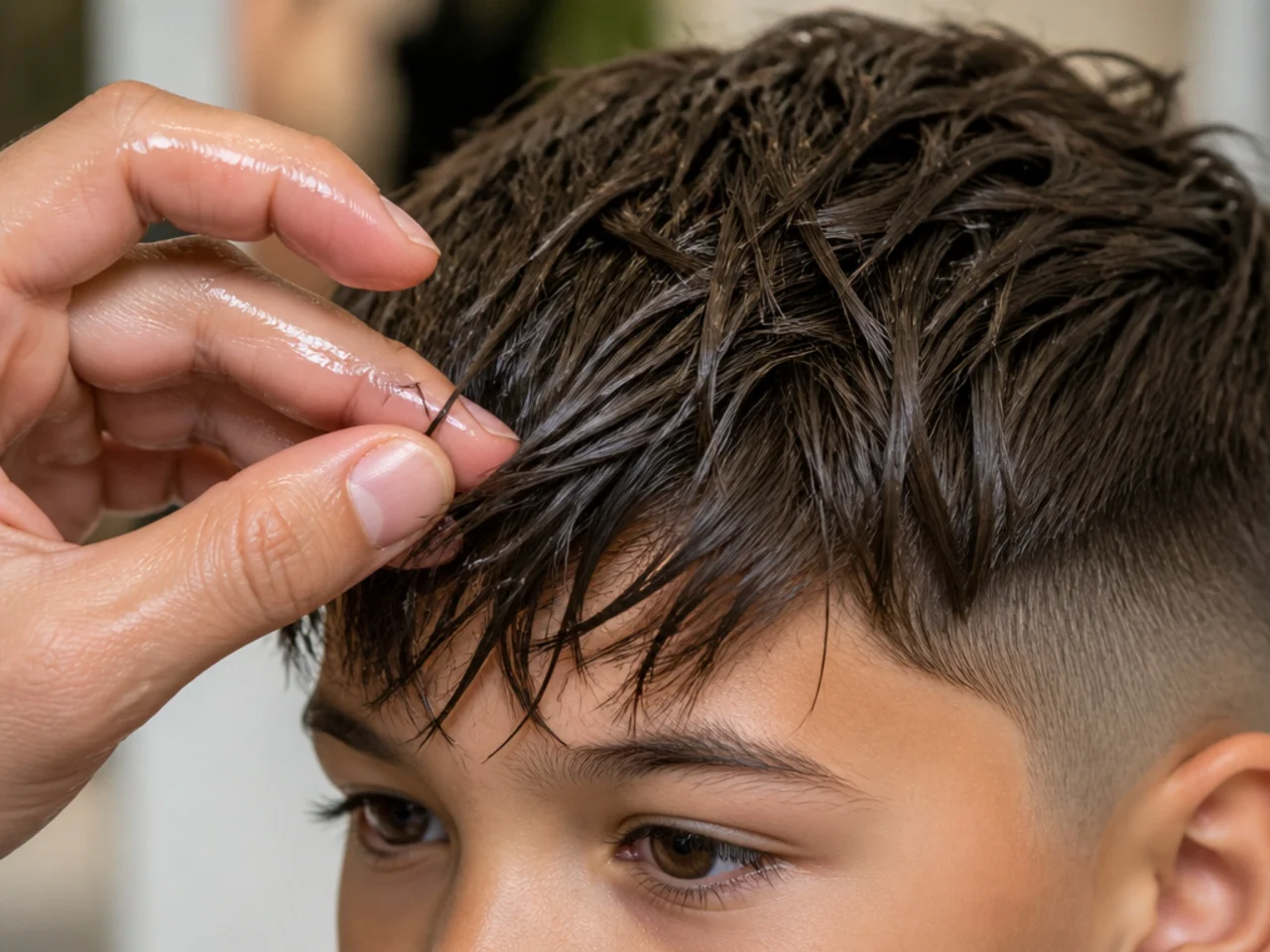 Damp fingertips separating a boys fringe into pieces