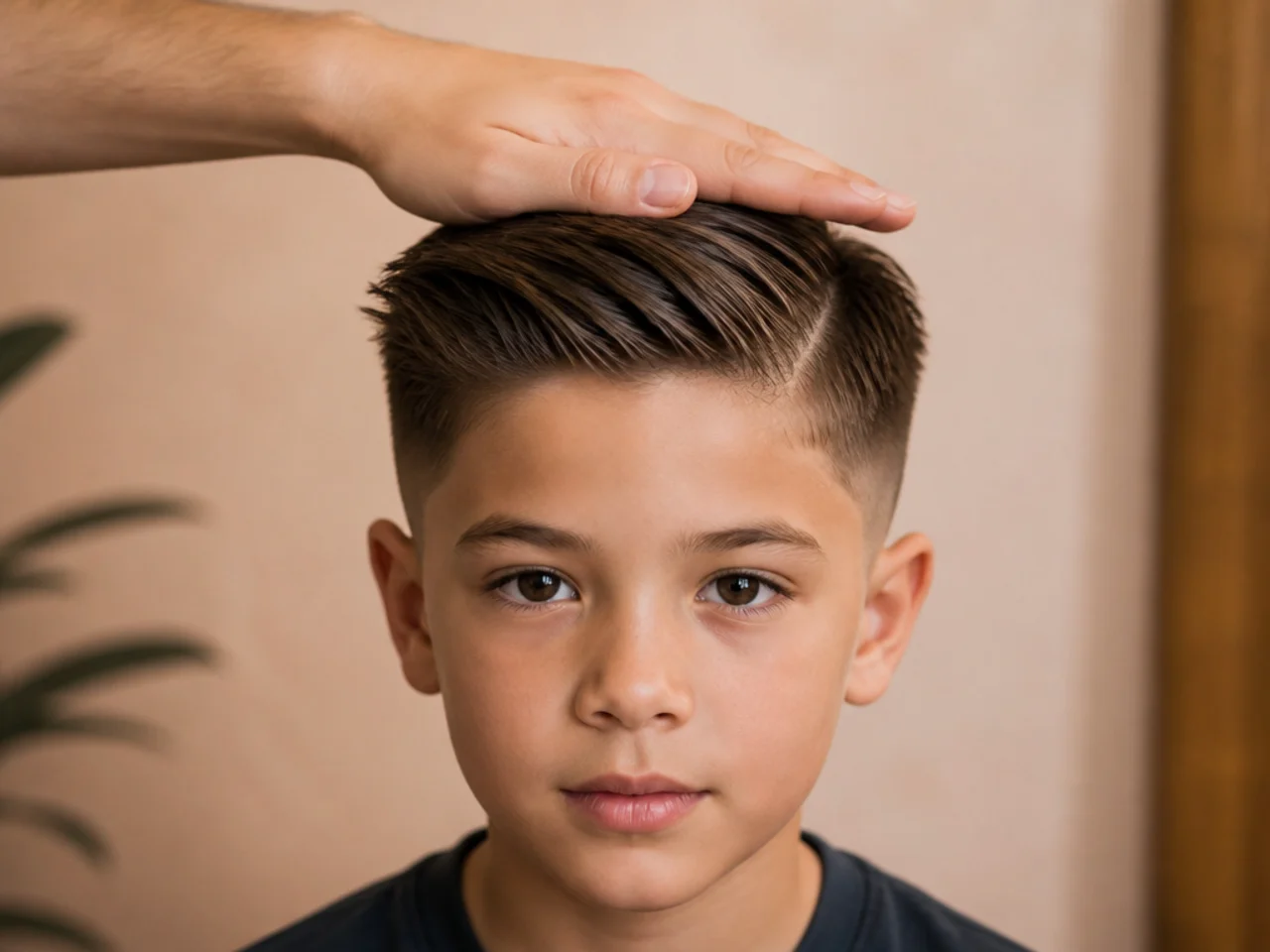 A palm held flat against the crown whorl of a boys head