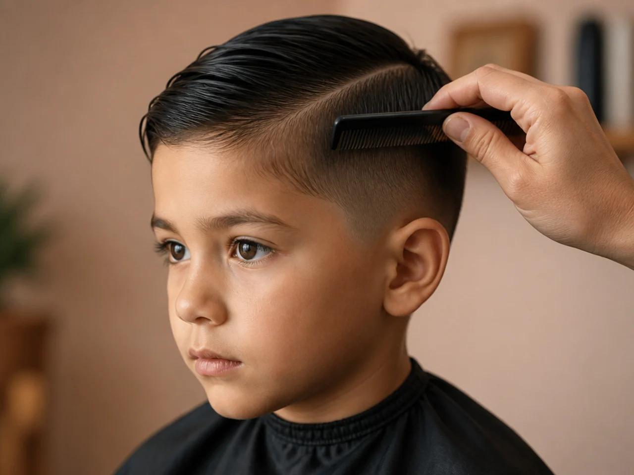 Damp sides being combed flat against the head
