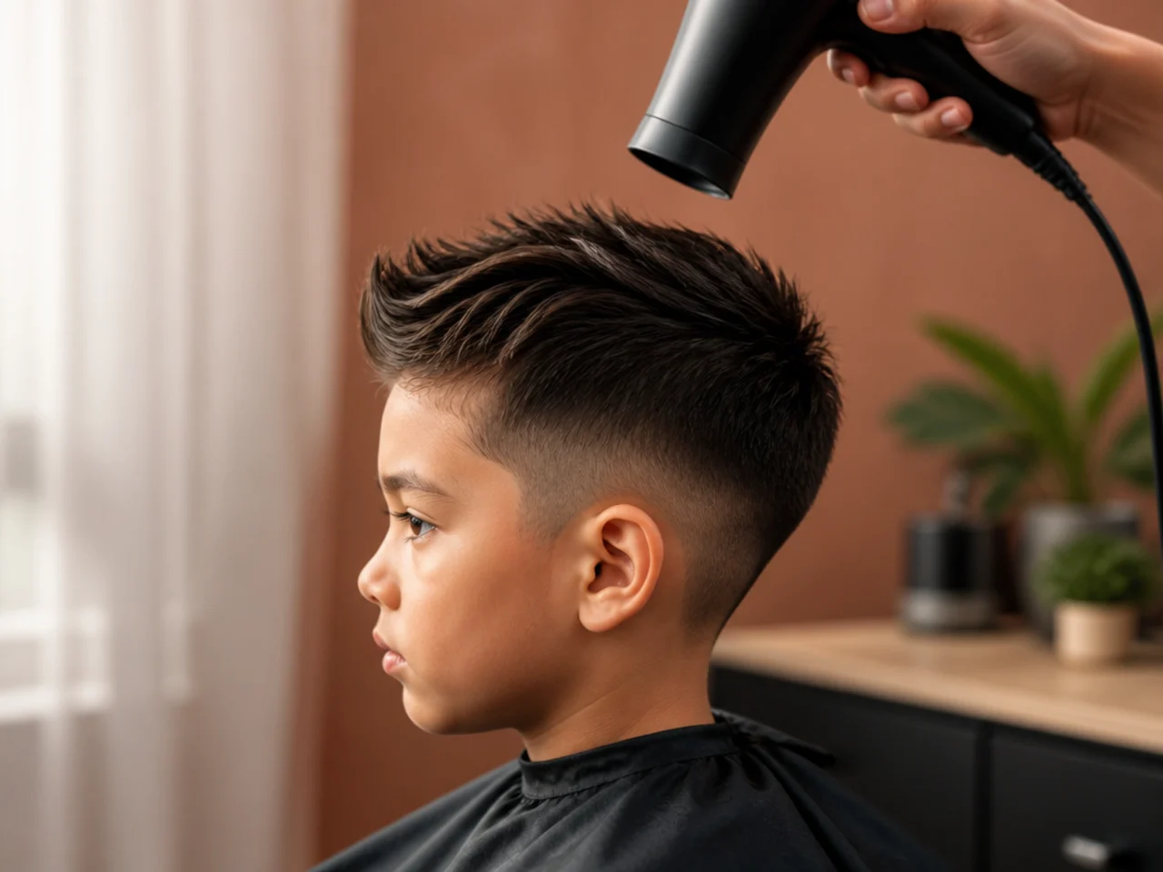 A hairdryer pointed downwards over a boys hair