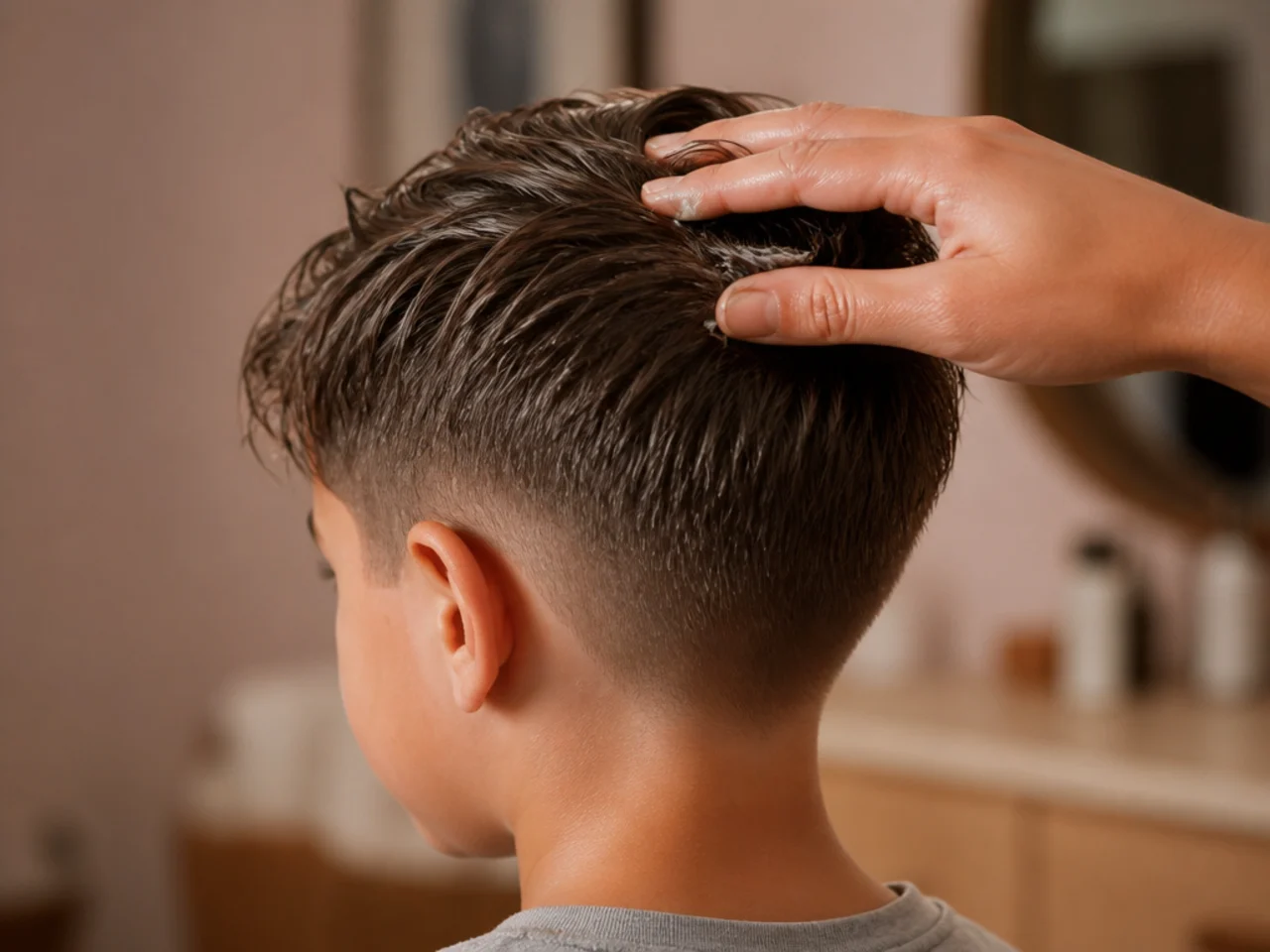 A small amount of cream being pressed through a boys damp hair