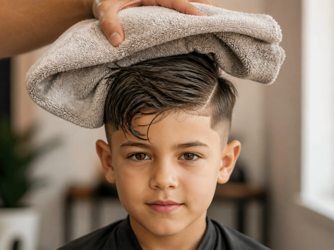 A towel being pushed forward over a boys damp hair