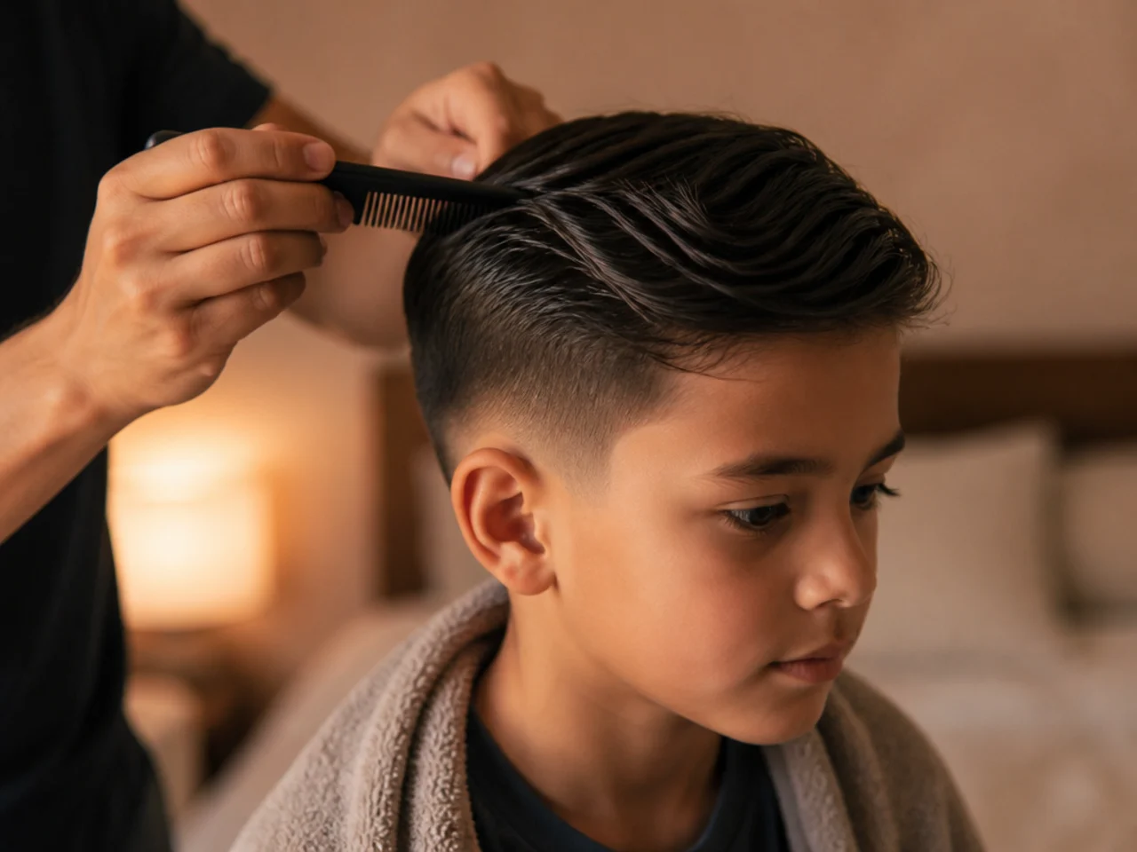 A boys hair combed into place while damp before bed