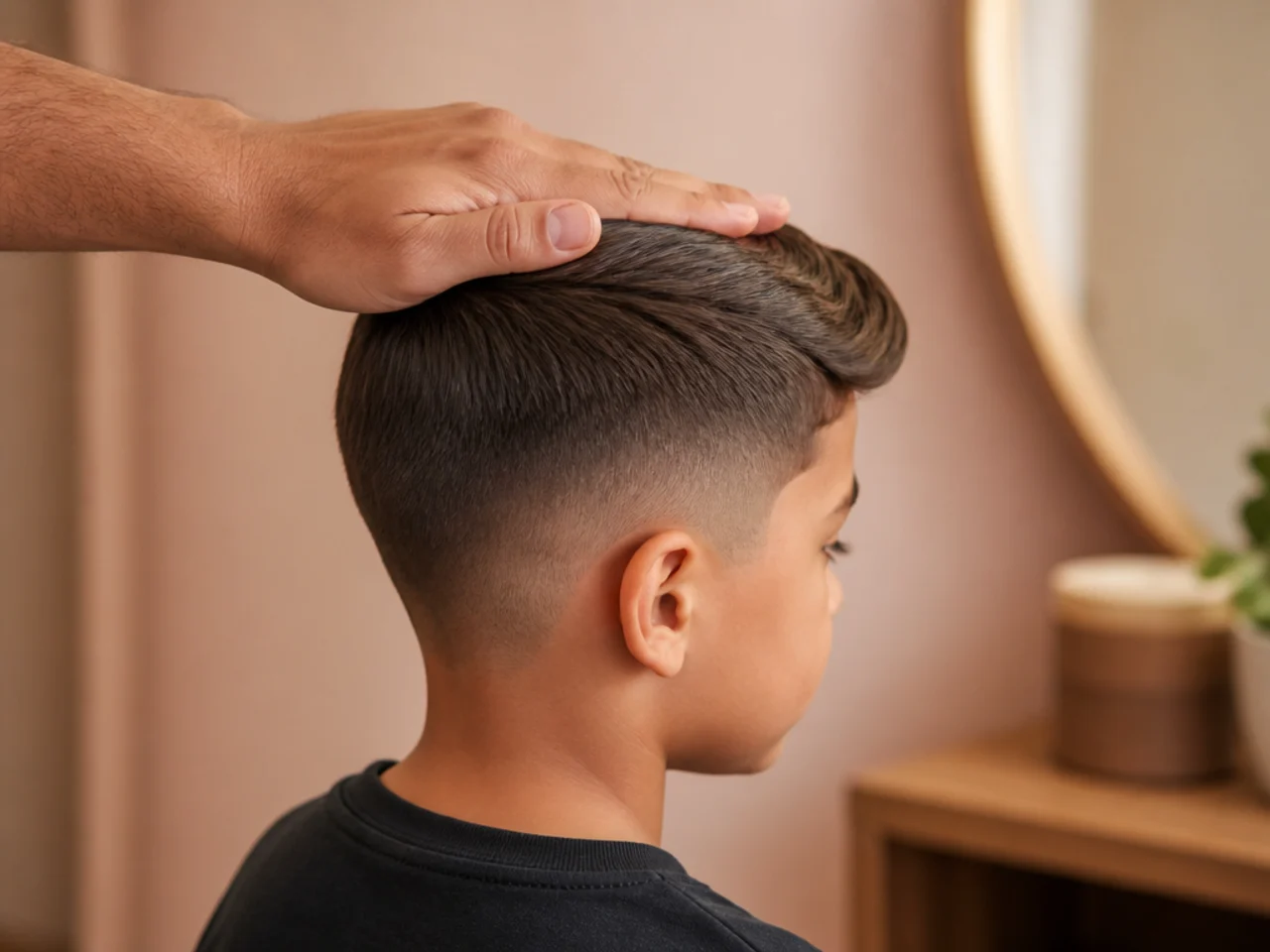 A flat palm sweeping a boys fringe to one side