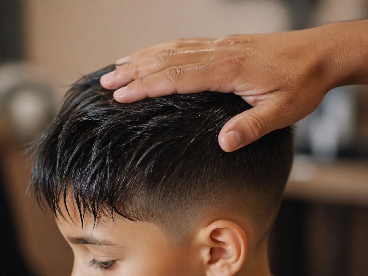 A wet palm pressed down on the crown of a boys head
