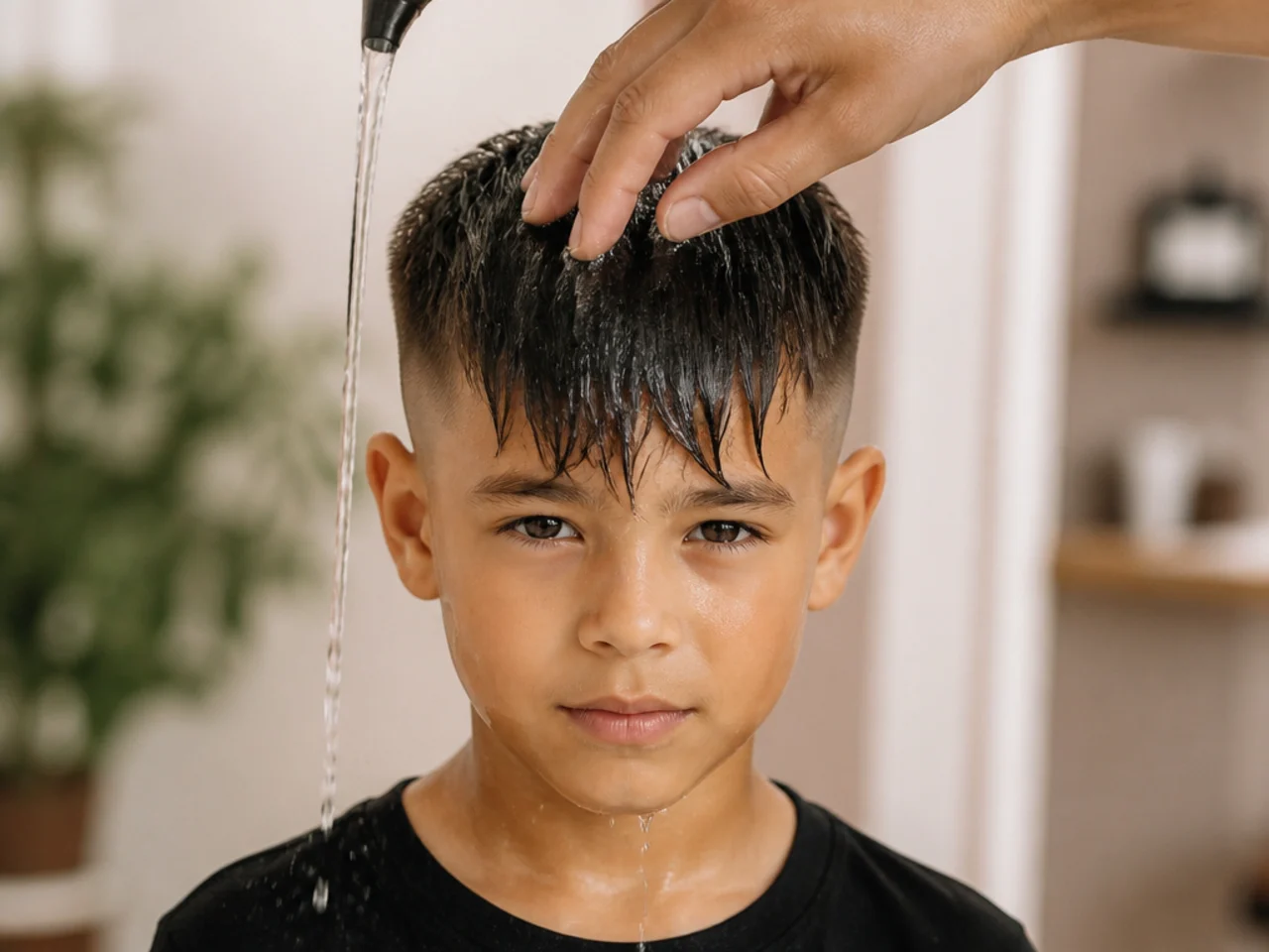 Water being run through the front of a boys fringe