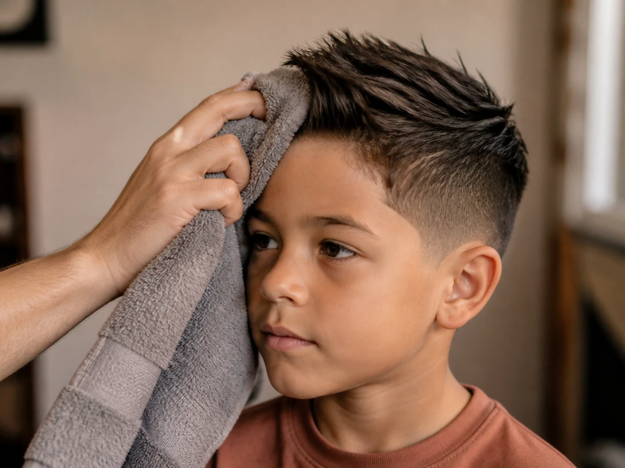 A towel rubbed against the grain of a cowlick at the hairline