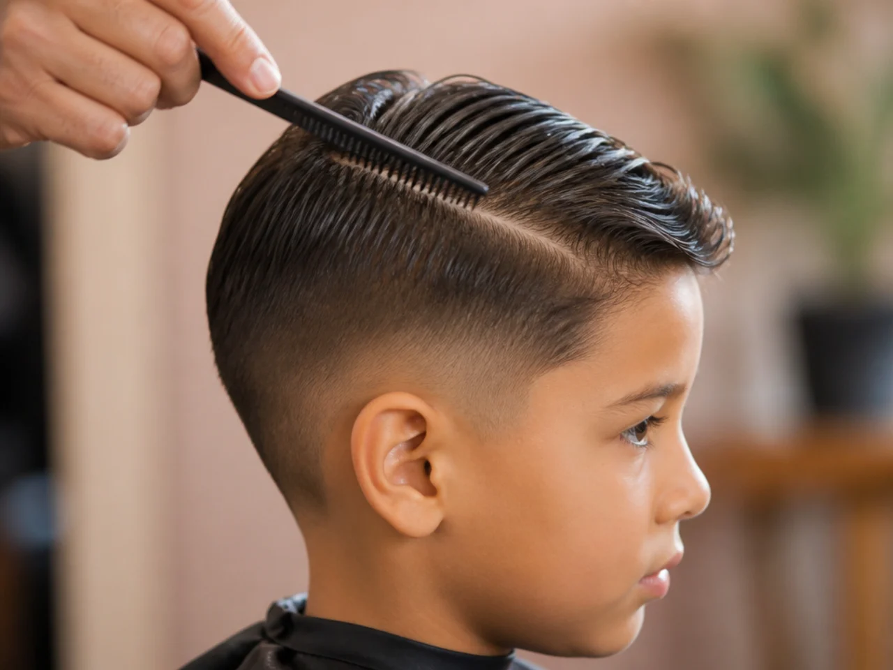 A comb setting a side parting in a boys damp hair