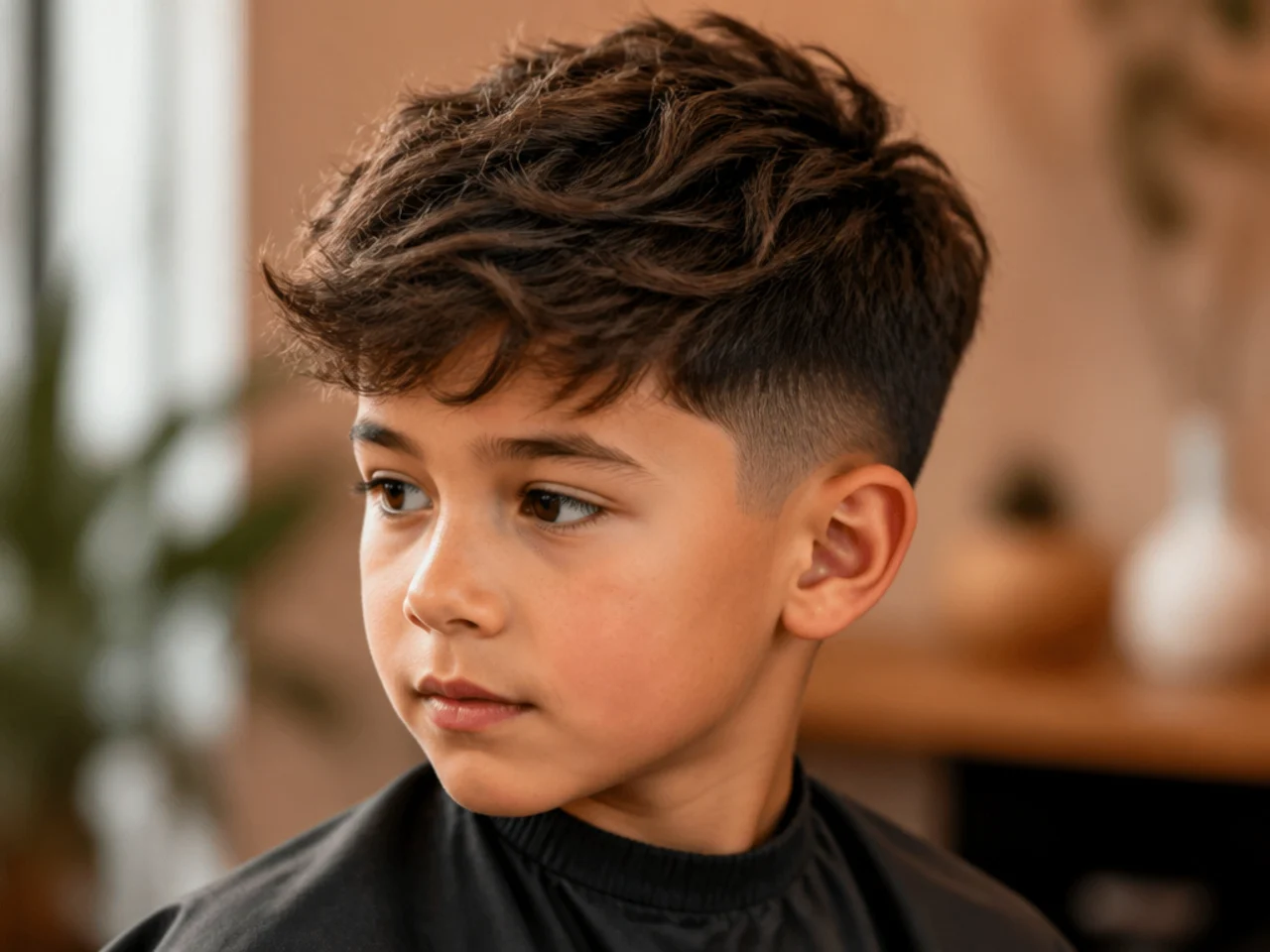Three-quarter view of a boys textured haircut with a swept fringe